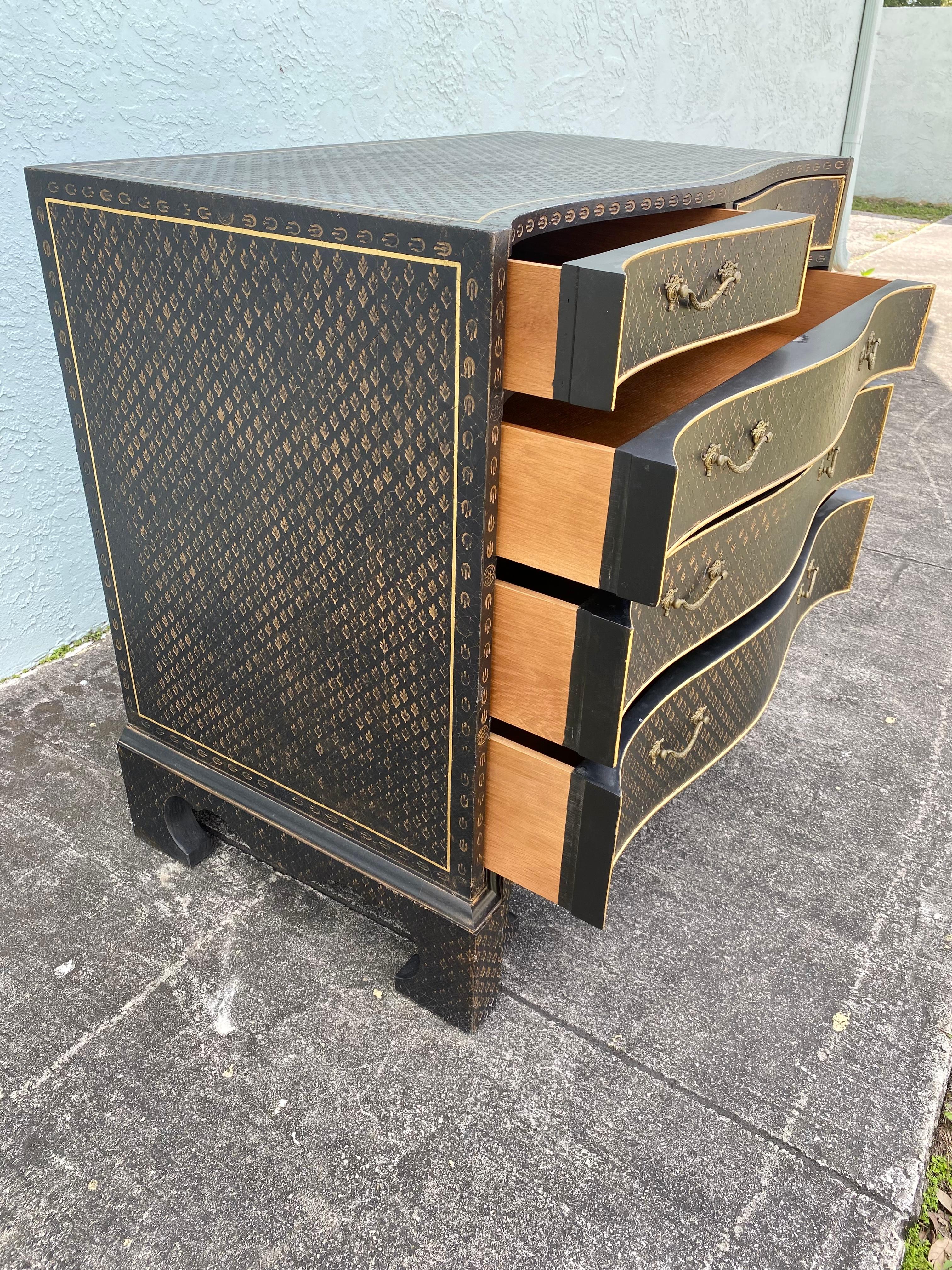 1960s Art Deco Style Ebony Bronze Imprinted Leather Wrapped Commode Dresser  For Sale 3