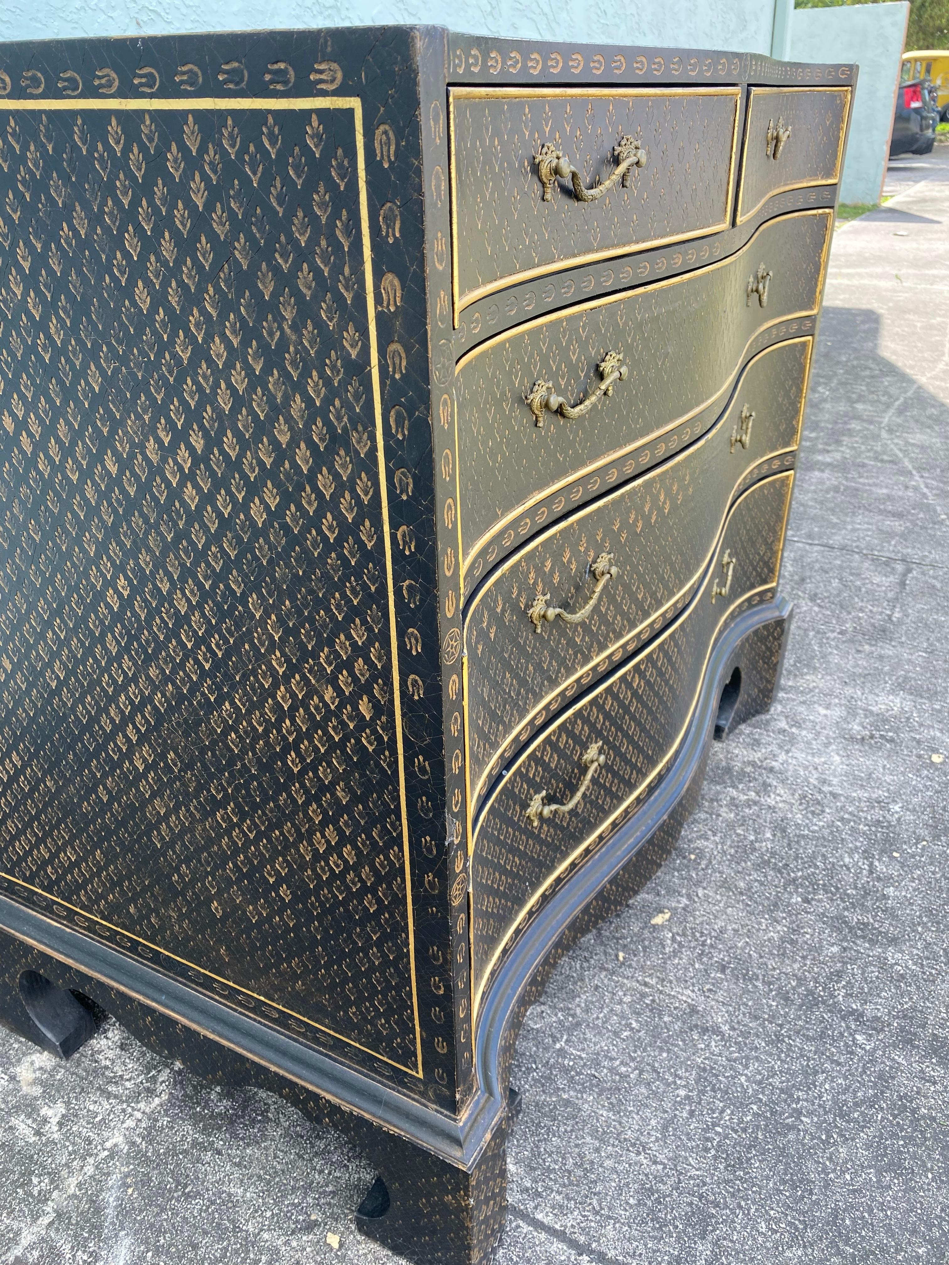John Widdicomb Hand Painted Imprinted Leather Serpentine Dresser Chest Sideboard For Sale 4