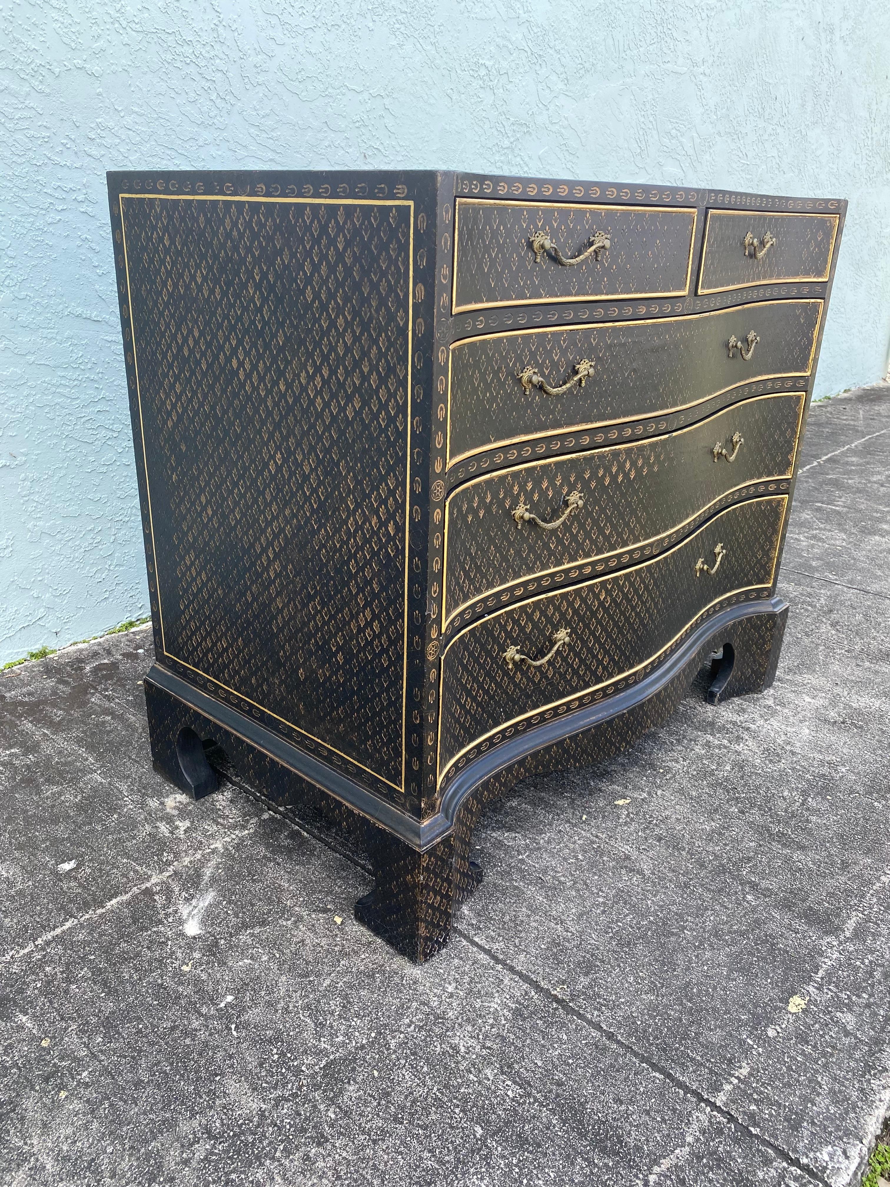 Mid-Century Modern Serpentine Black Bronze Paint Imprinted Leather Wrapped Commode Dresser  For Sale