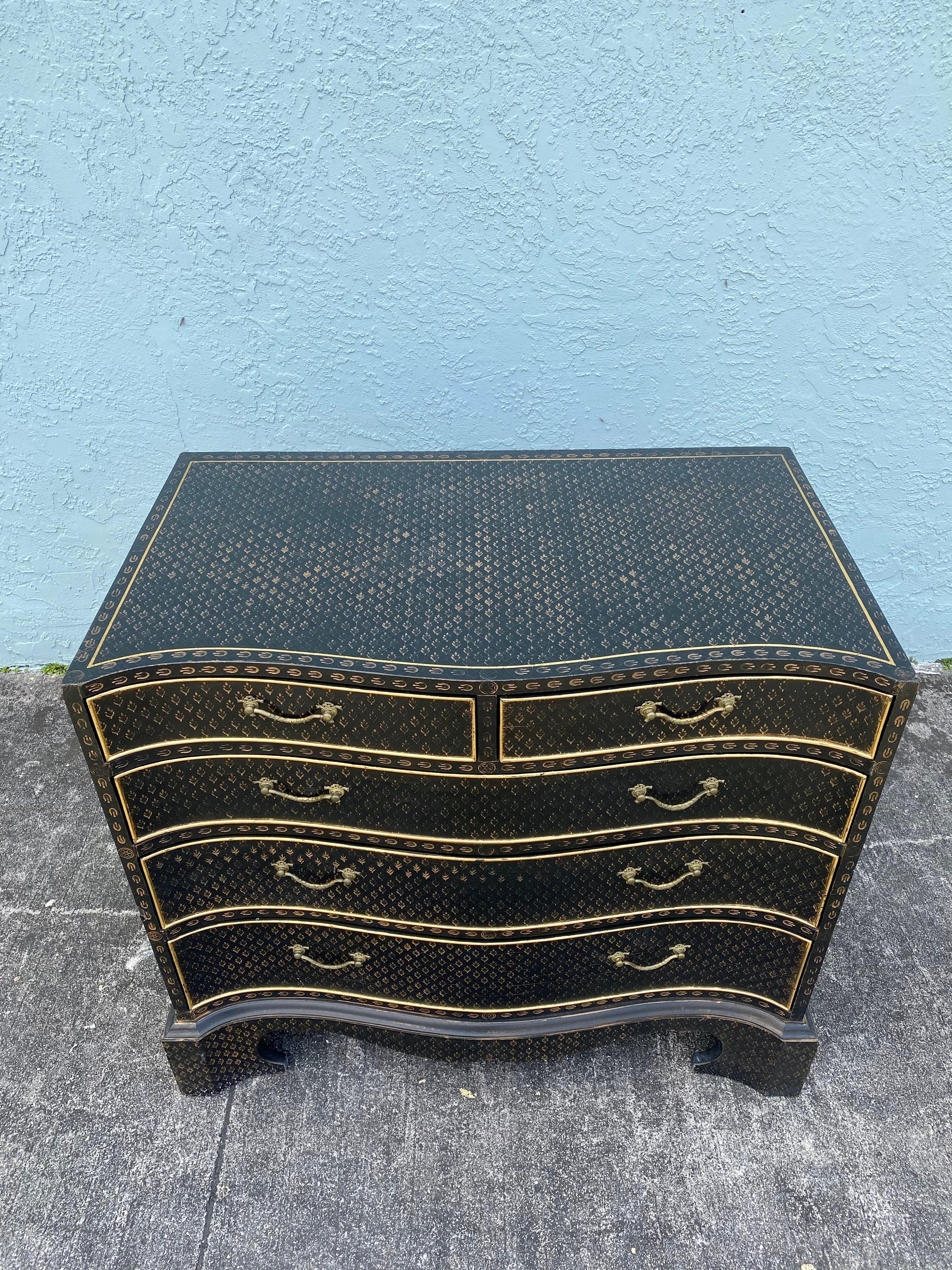 American John Widdicomb Hand Painted Imprinted Leather Serpentine Dresser Chest Sideboard For Sale