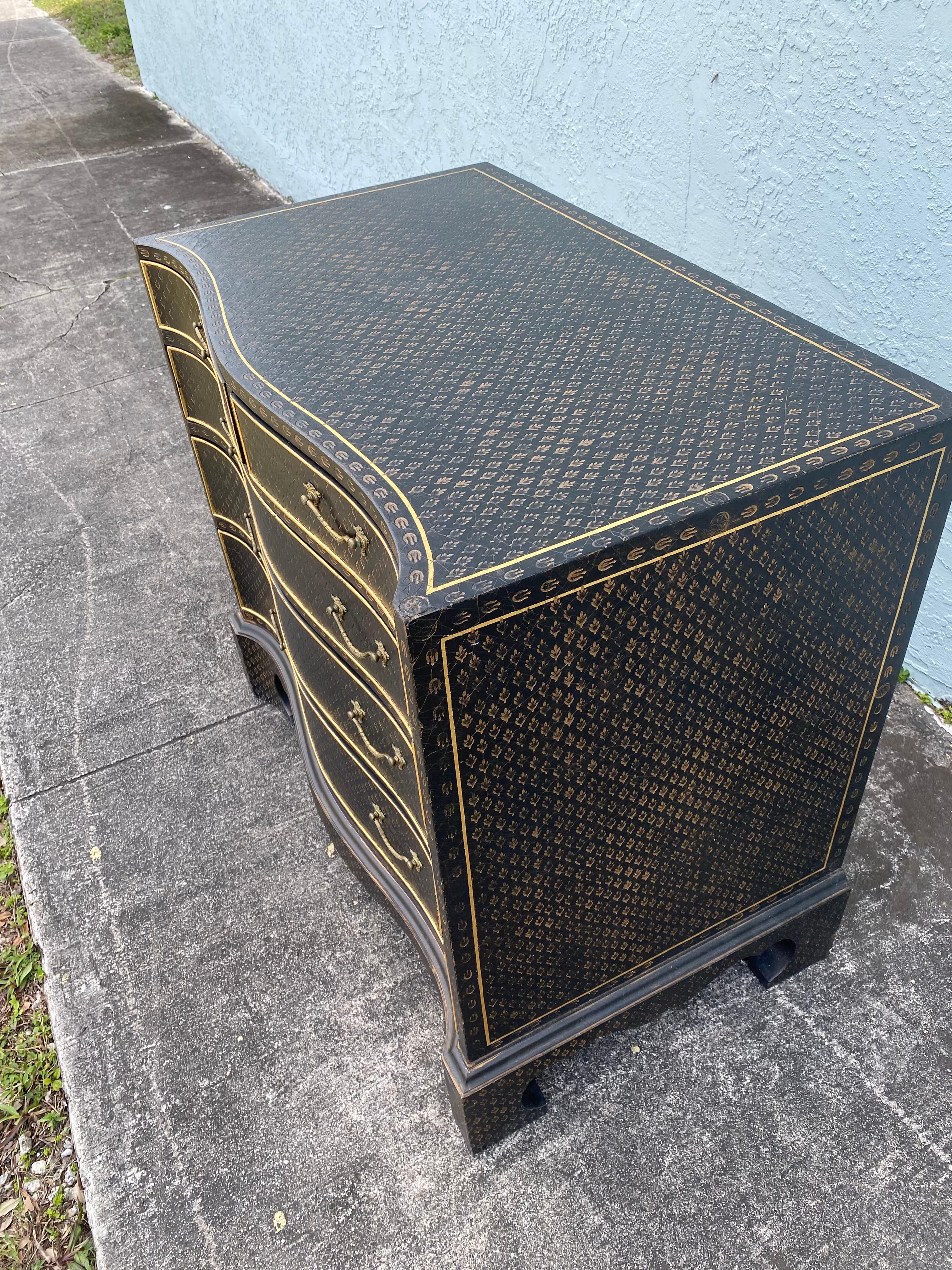 Serpentine Ebonized  Bronze Paint Imprinted Leather Wrapped Commode Dresser  In Good Condition For Sale In Fort Lauderdale, FL