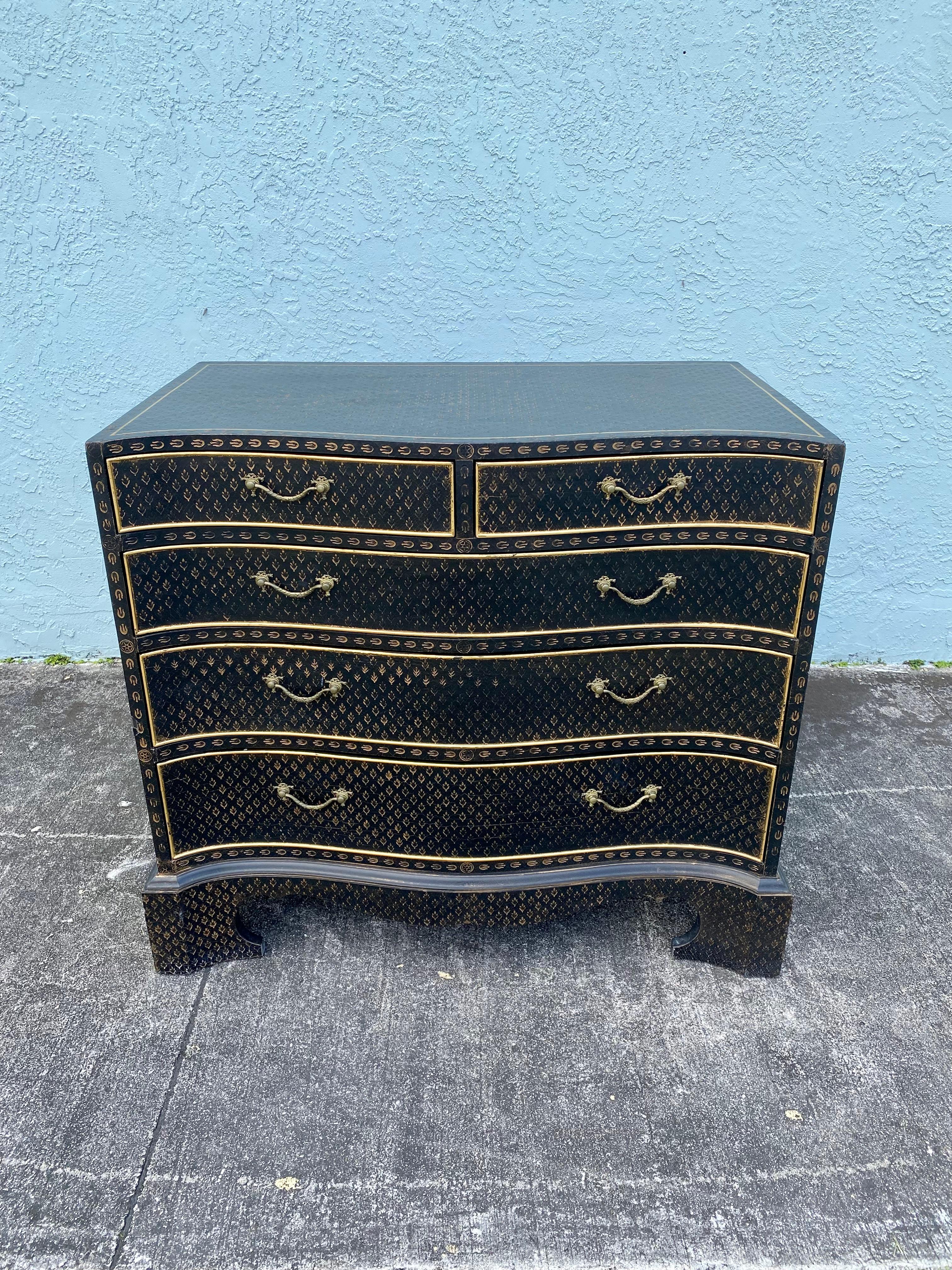 Mid-20th Century John Widdicomb Hand Painted Imprinted Leather Serpentine Dresser Chest Sideboard For Sale