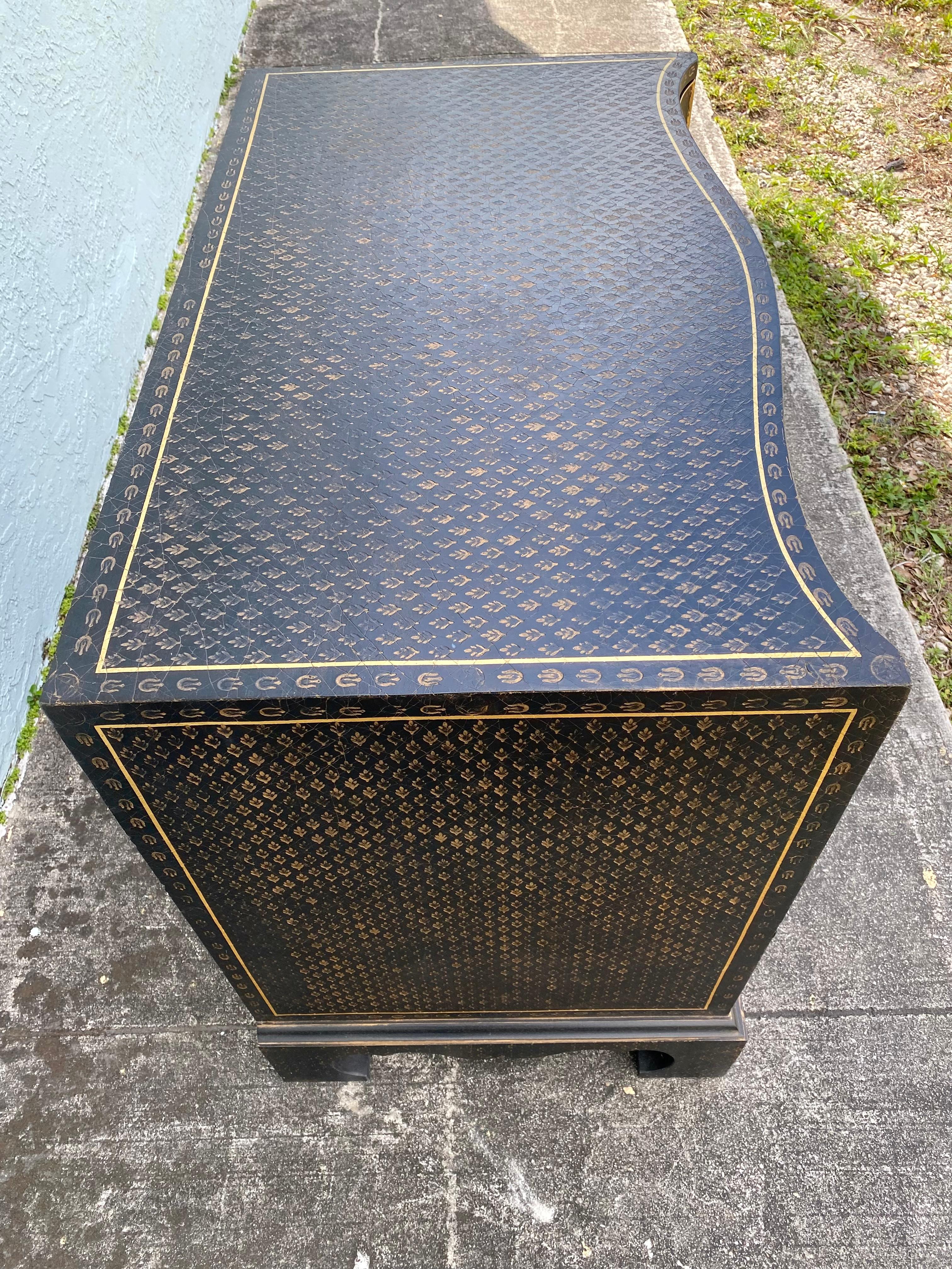 1960s Art Deco Style Ebony Bronze Imprinted Leather Wrapped Commode Dresser  For Sale 1