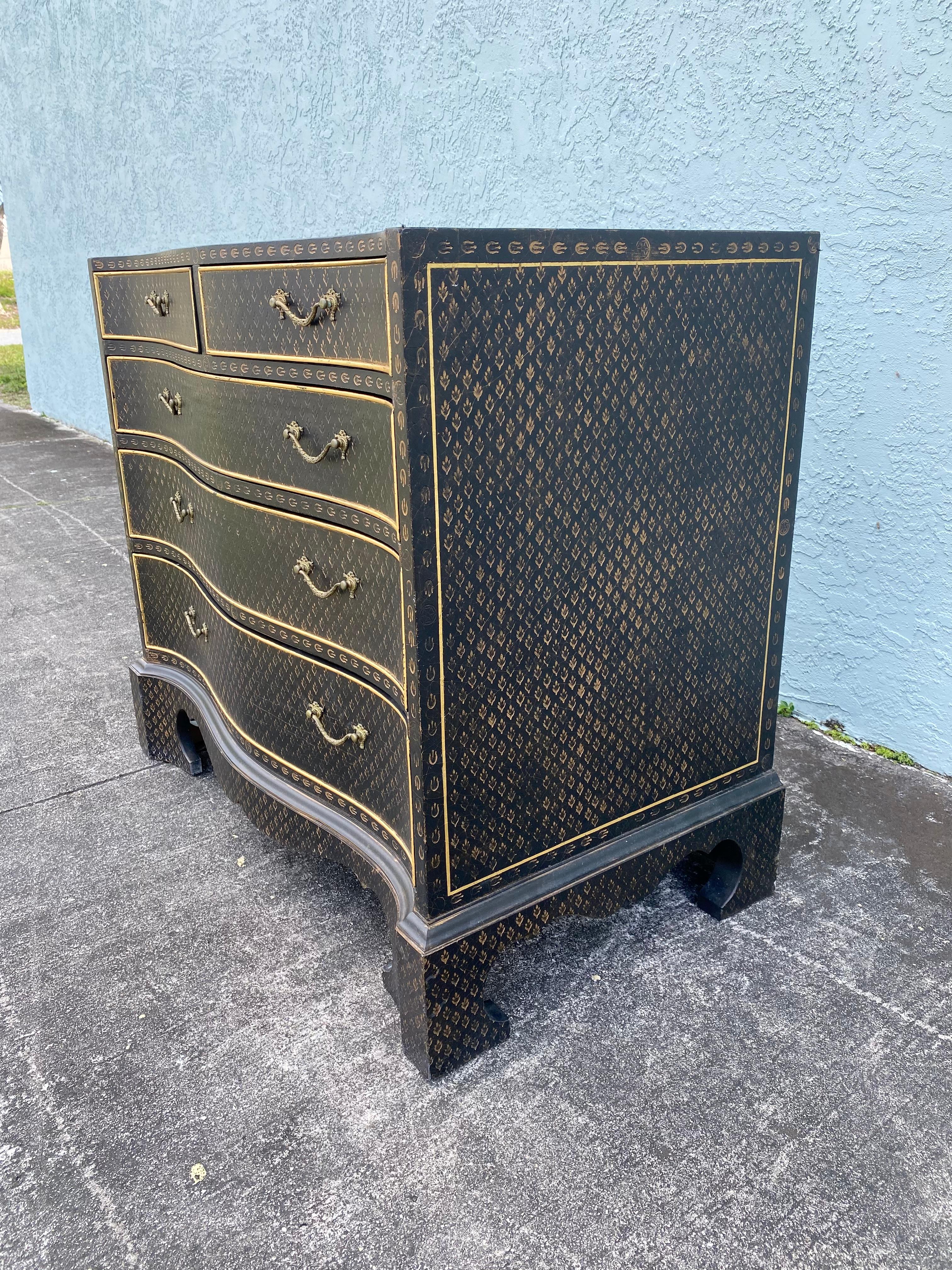 1960s Art Deco Style Ebony Bronze Imprinted Leather Wrapped Commode Dresser  For Sale 2