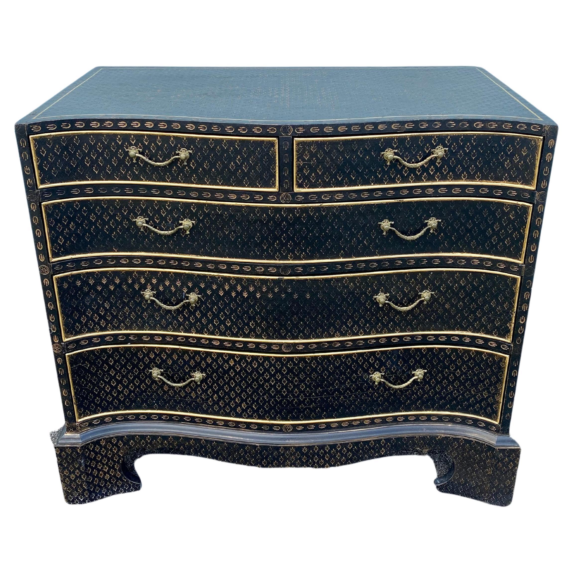 Serpentine Black Bronze Paint Imprinted Leather Wrapped Commode Dresser  For Sale