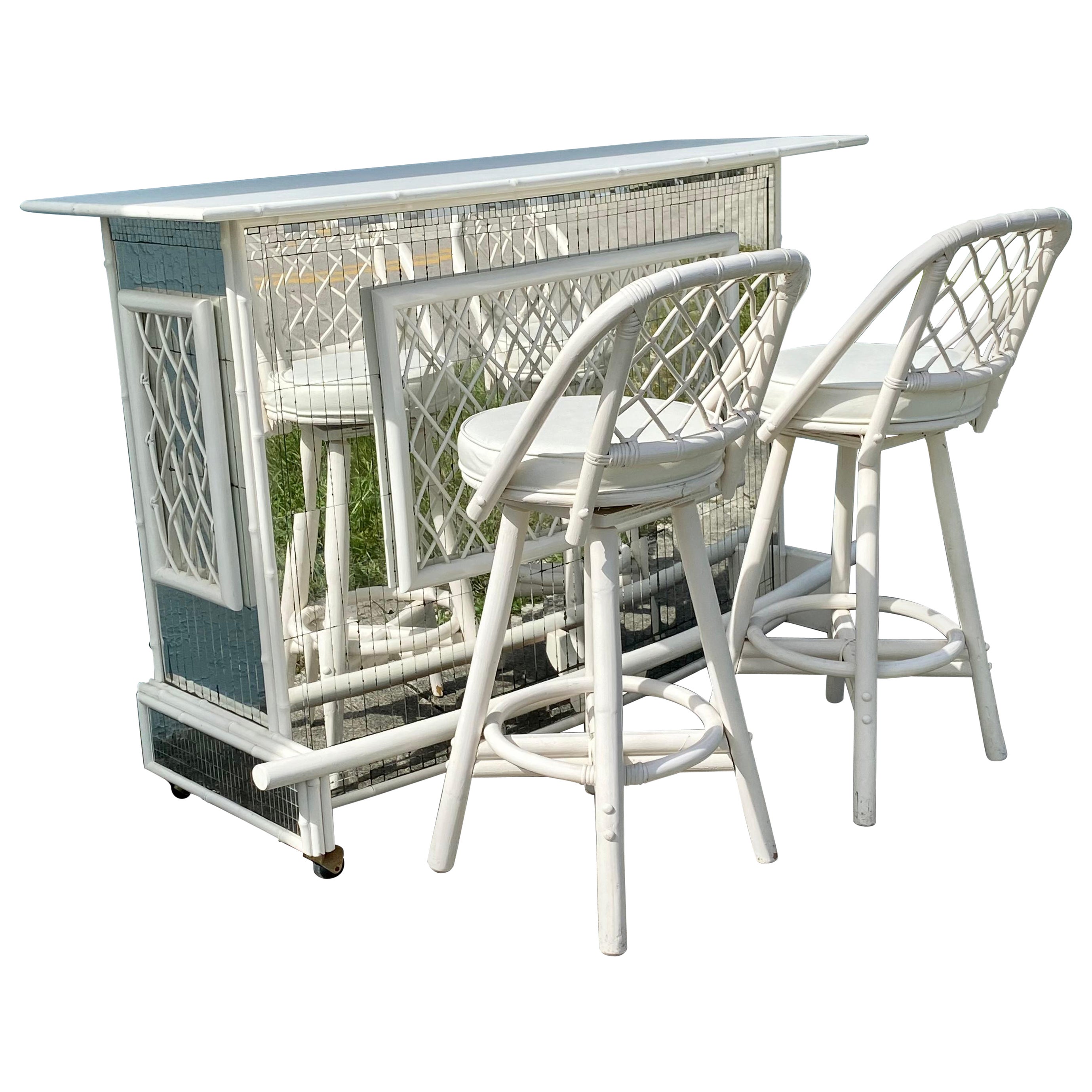 1970s Art Deco Style Mirrored Rattan and Wood Bar Stools Cabinet, Set of 3
