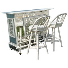 1970s Art Deco Style Mirrored Rattan and Wood Bar Stools Cabinet, Set of 3