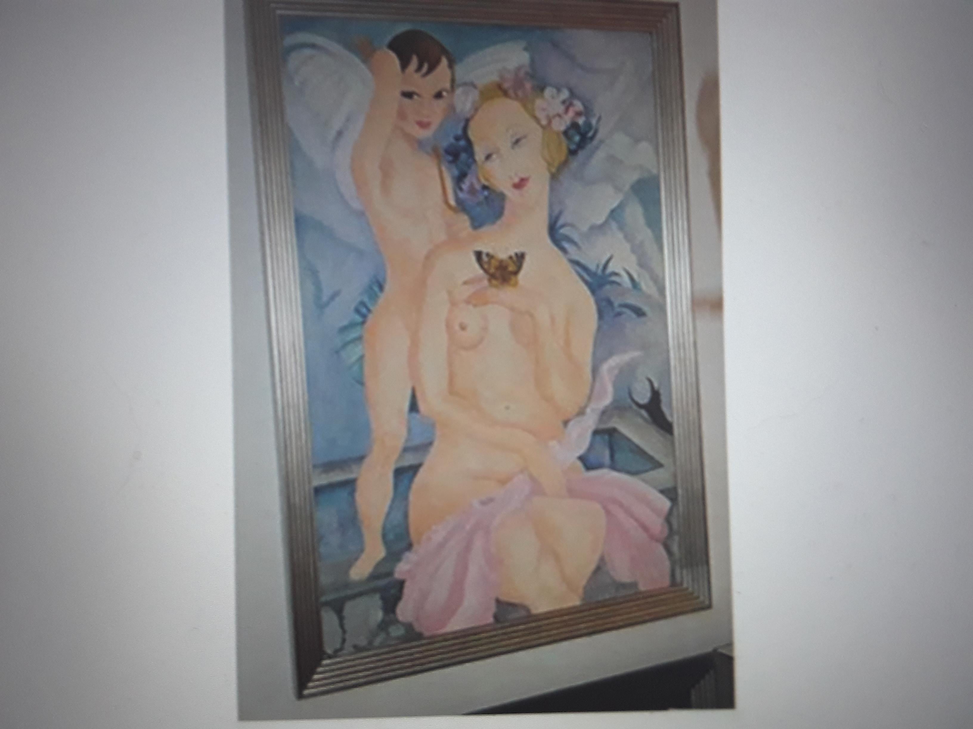 French 1970's Art Deco style Oil on Canvas 