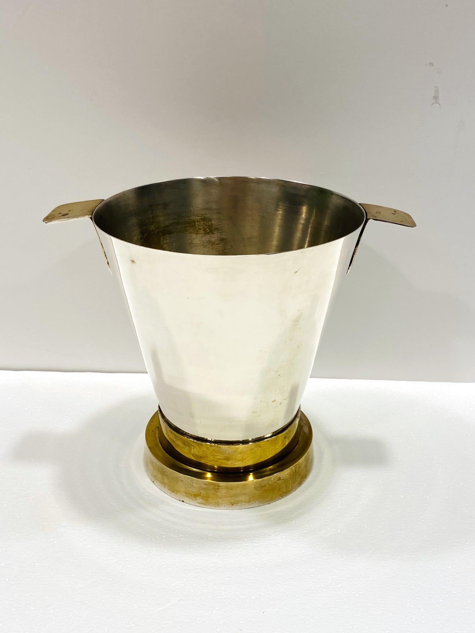 Mid-Century Modern 1970's Art Deco Style Wine Cooler and Ice Bucket with Brass Accents, Italy