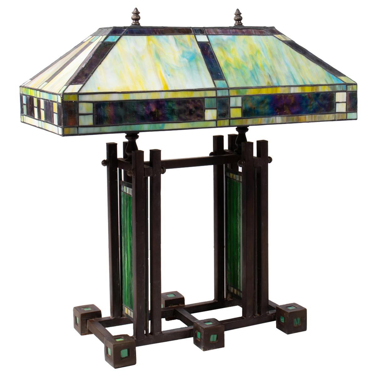 1970s Art Deco Tiffany Glass Bronze Table Lamp