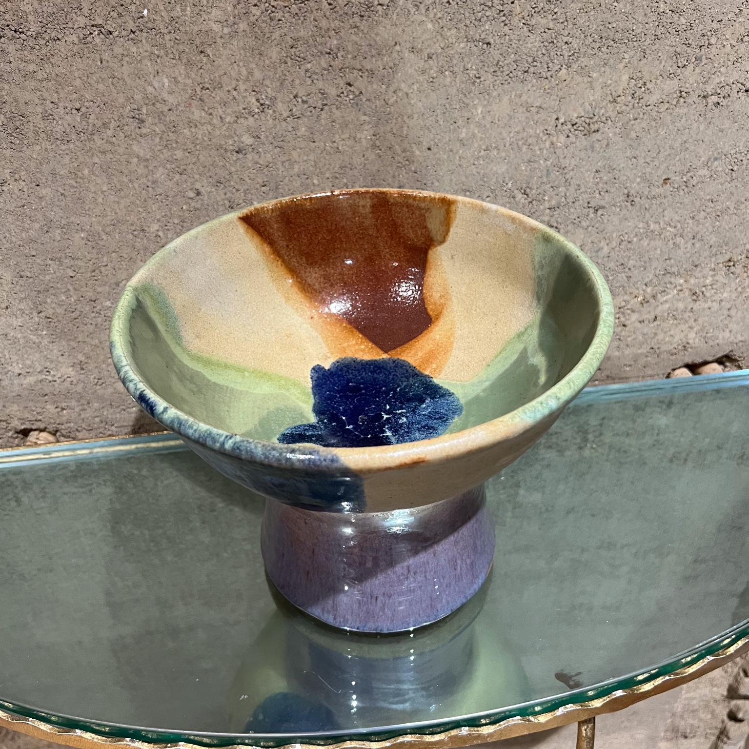 Mid-Century Modern 1970s Art Pottery Drip Glazed Pedestal Bowl  For Sale