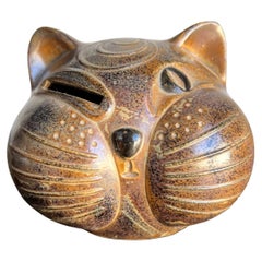 1970s Art Pottery Winking Cat Piggy Bank
