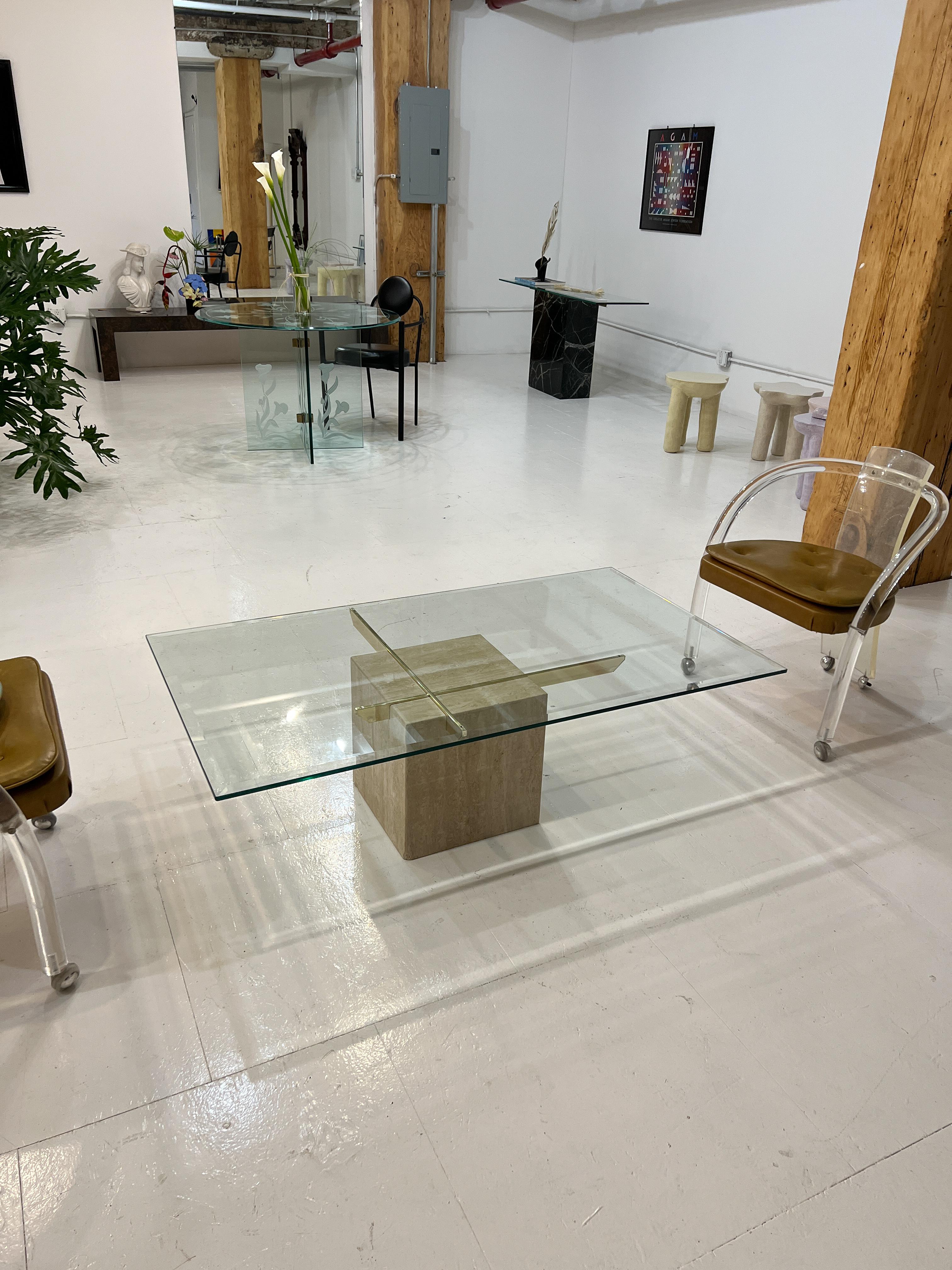 1970s Artedi Italian Travertine and Brass Coffee Table With Beveled Glass Top 5