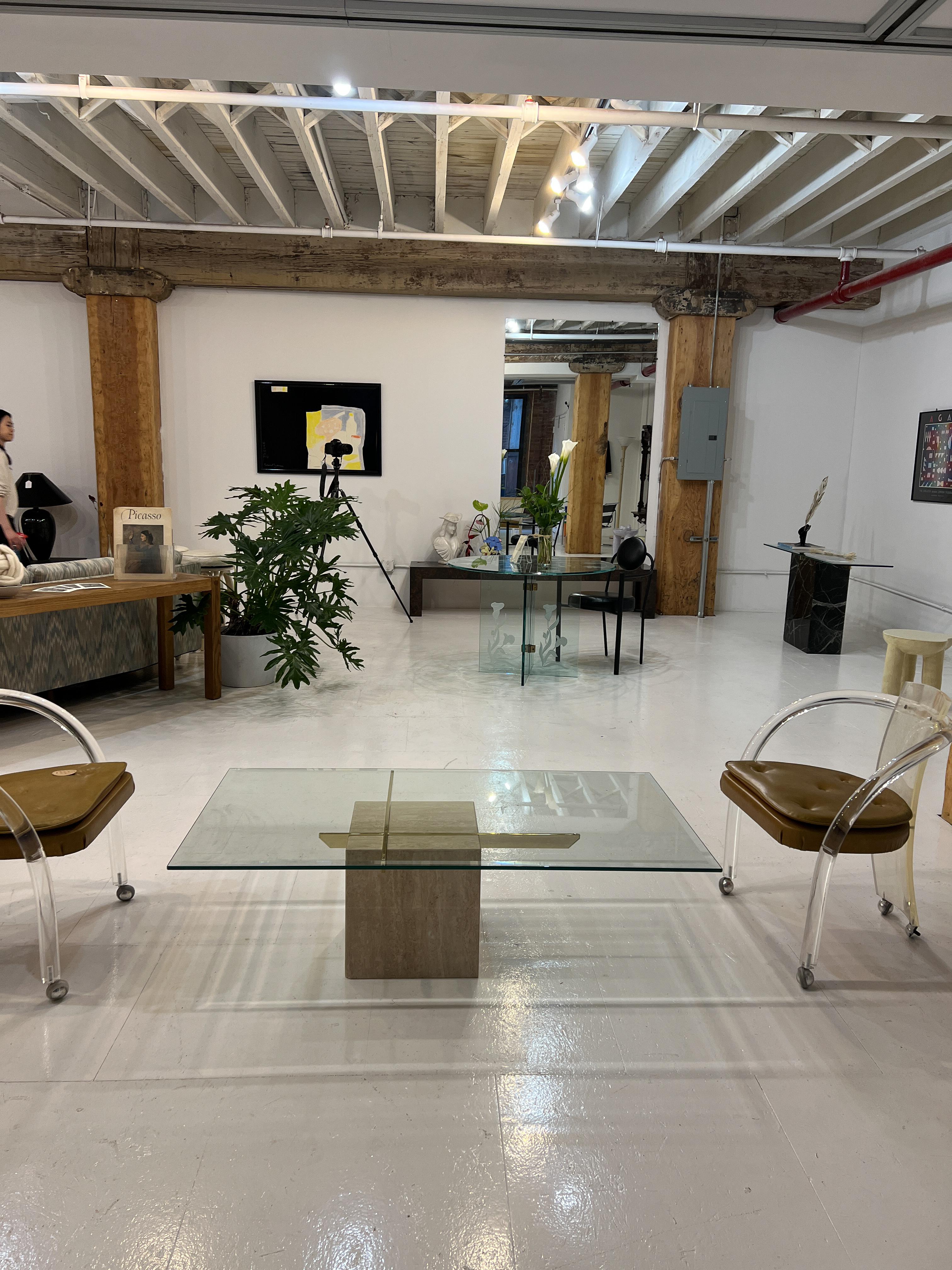 Mid-Century Modern 1970s Artedi Italian Travertine and Brass Coffee Table With Beveled Glass Top