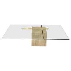 1970s Artedi Italian Travertine and Brass Coffee Table With Beveled Glass Top