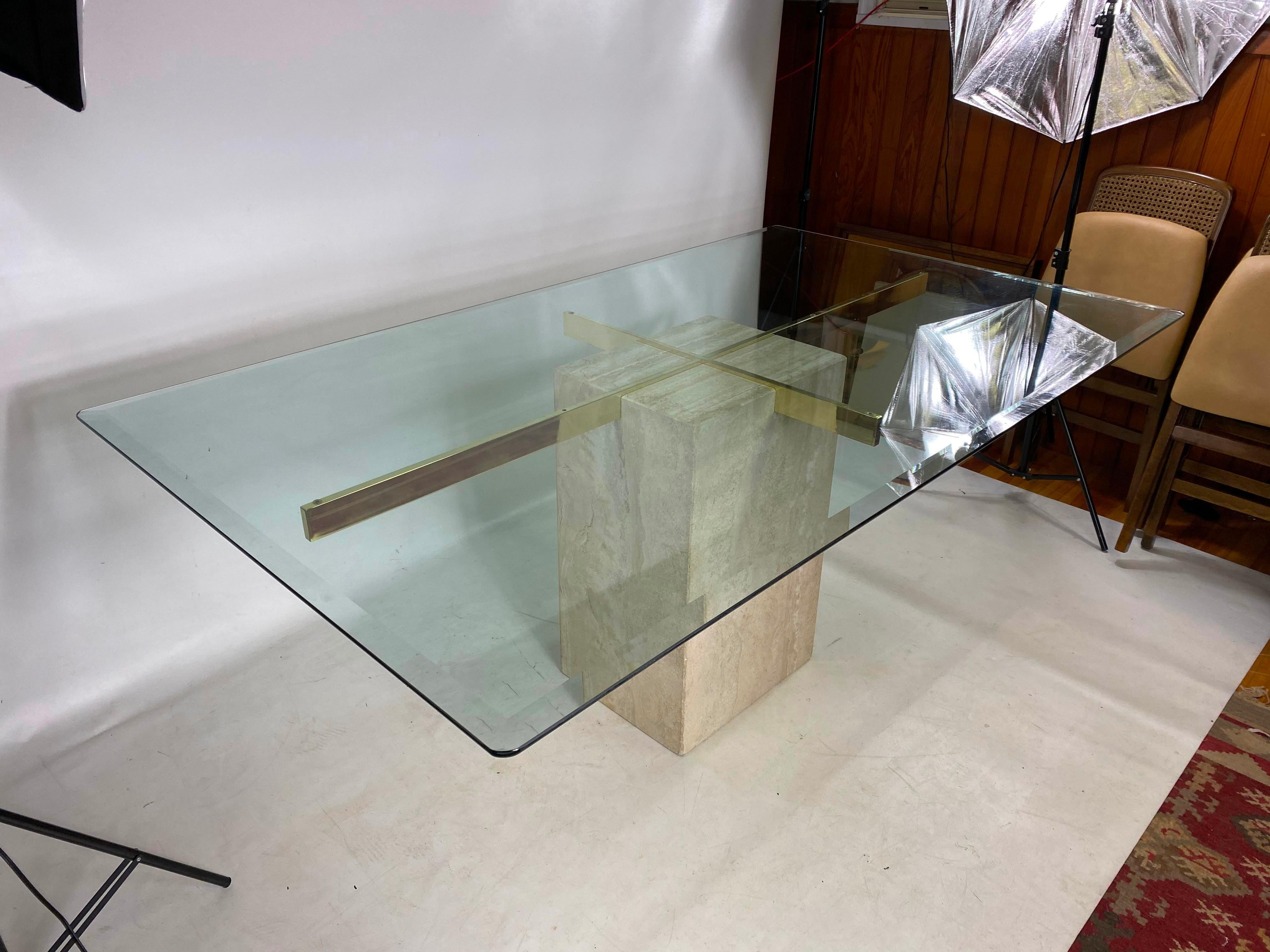 1970s Artedi Italian travertine glass dining table.