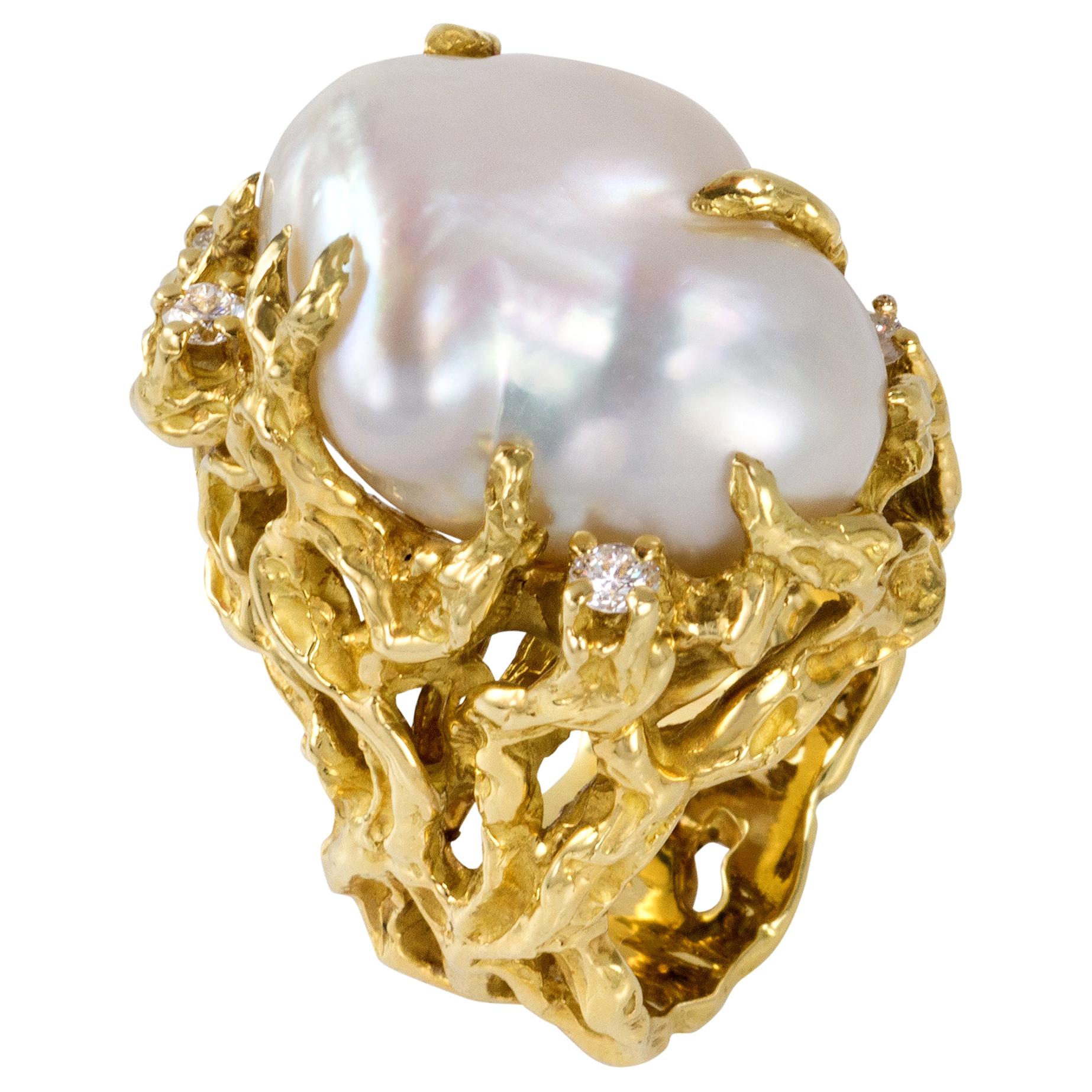 1970s Arthur King Baroque South Sea Pearl, Diamond and Gold Ring