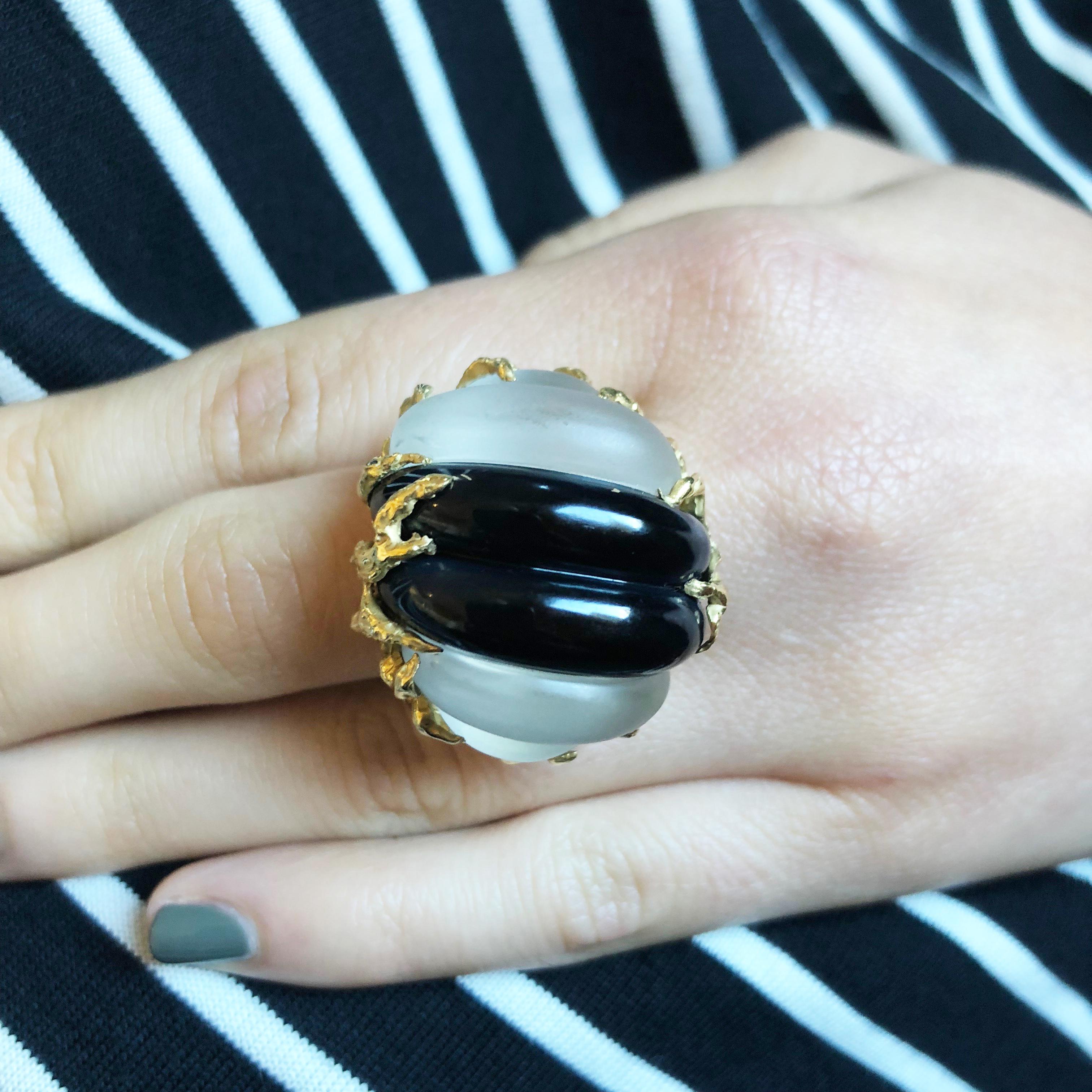 Women's or Men's 1970s Arthur King Carved Rock Crystal, Onyx, and Textured Gold Ring