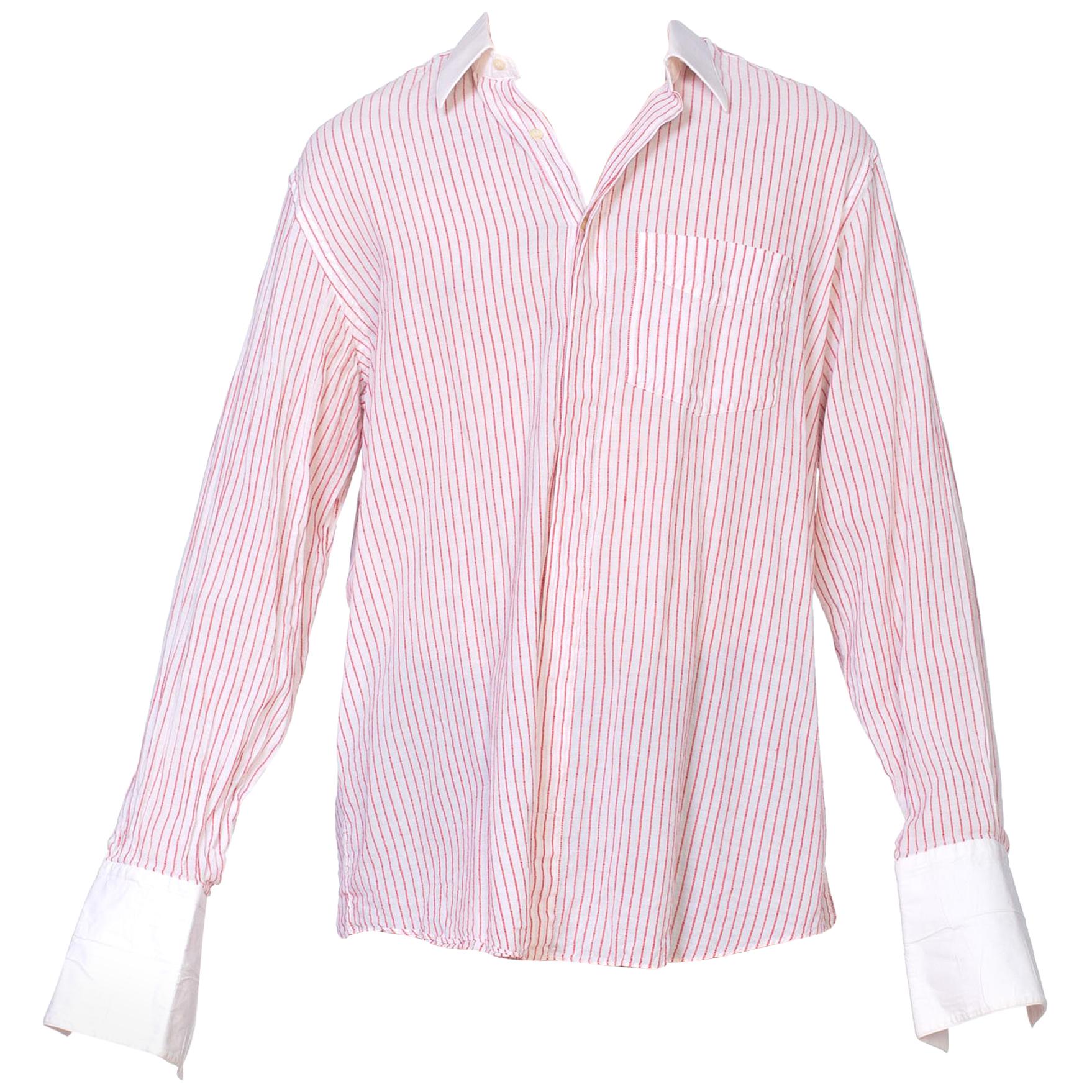 1970'S ARTIOLI Red & White Cotton Bespoke Men's  Shirt With French Cuffs