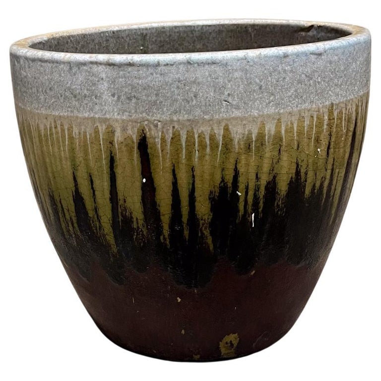 1970s Artisan Planter Pot Lava Drip Glaze Red Green For Sale at 1stDibs
