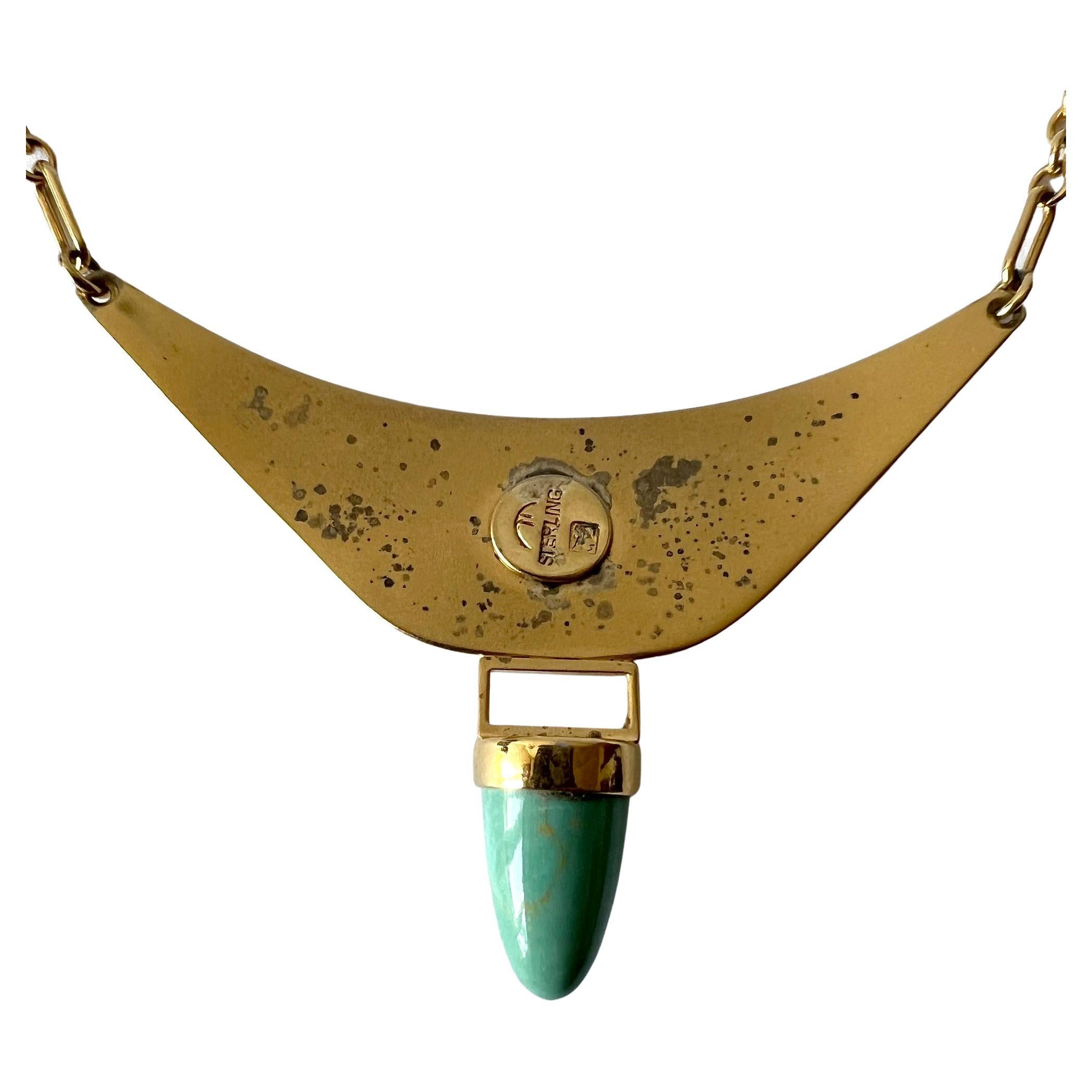 Cabochon Collana artigianale in argento sterling vermeil e avventurina SNAG Studio A degli anni '70 in vendita