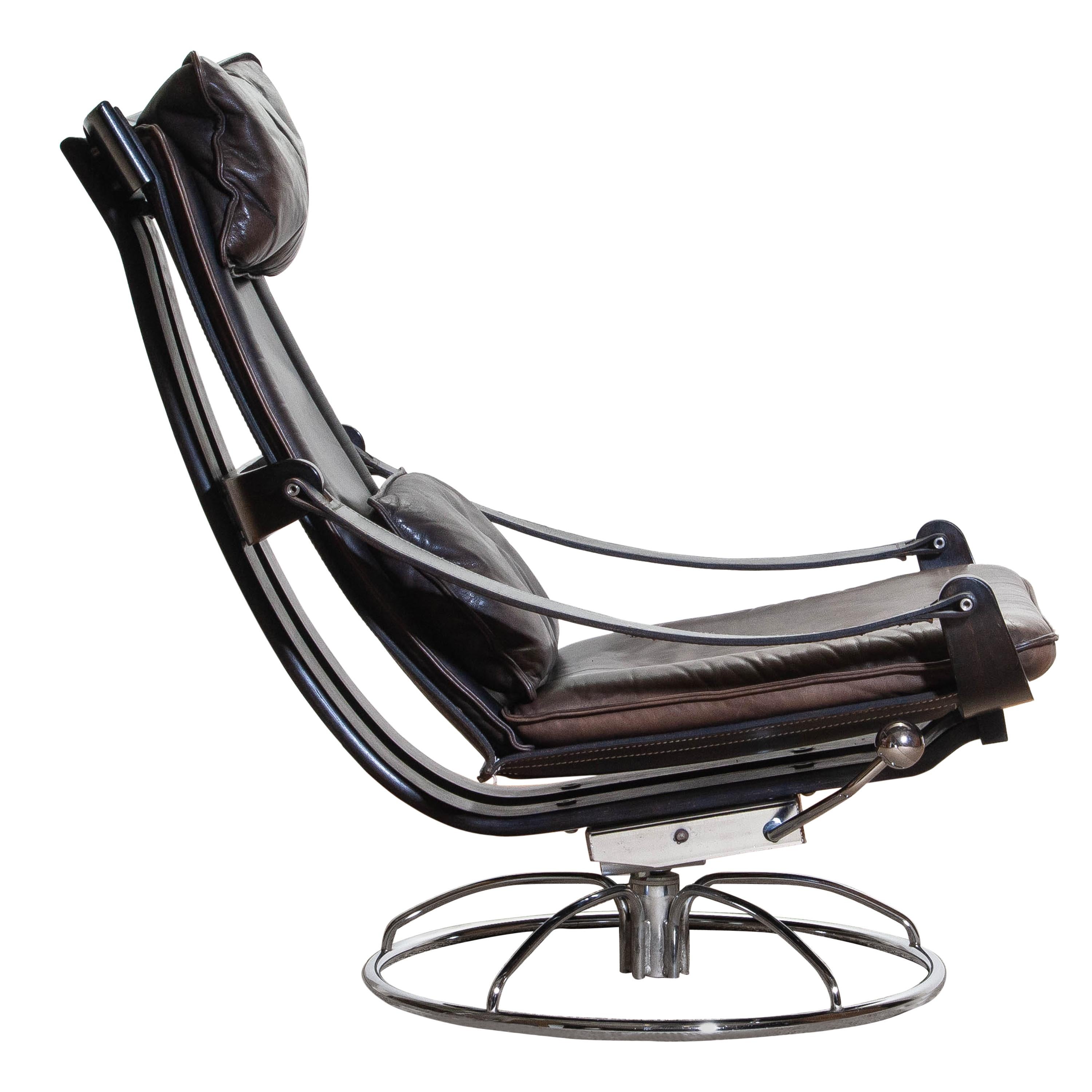Scandinavian Modern 1970s Artistic Leather Swivel / Relax Chair by Ake Fribytter for Nelo, Sweden