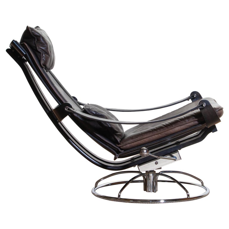 1970s Artistic Leather Swivel / Rocking Chair by Ake Fribytter for Nelo