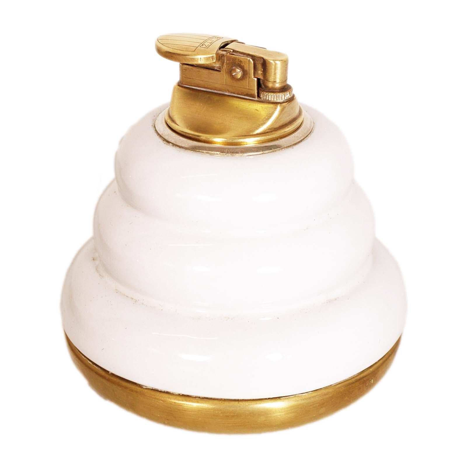 Post-Modern 1970s Ashtray with Ceramic and Brass Lighter by Paolo Traversi , working For Sale