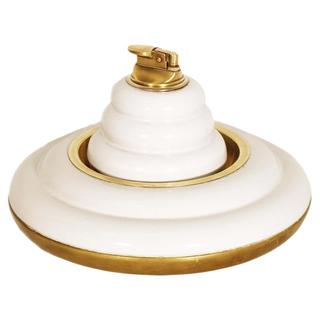 1970s Ashtray with Ceramic and Brass Lighter by Paolo Traversi , working For Sale