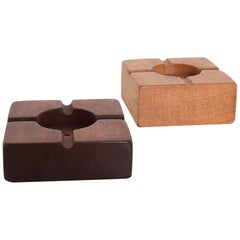 Vintage 1970s Ashtrays Blonde and Dark Wood Mid-Century Modern Sleek Set of 2