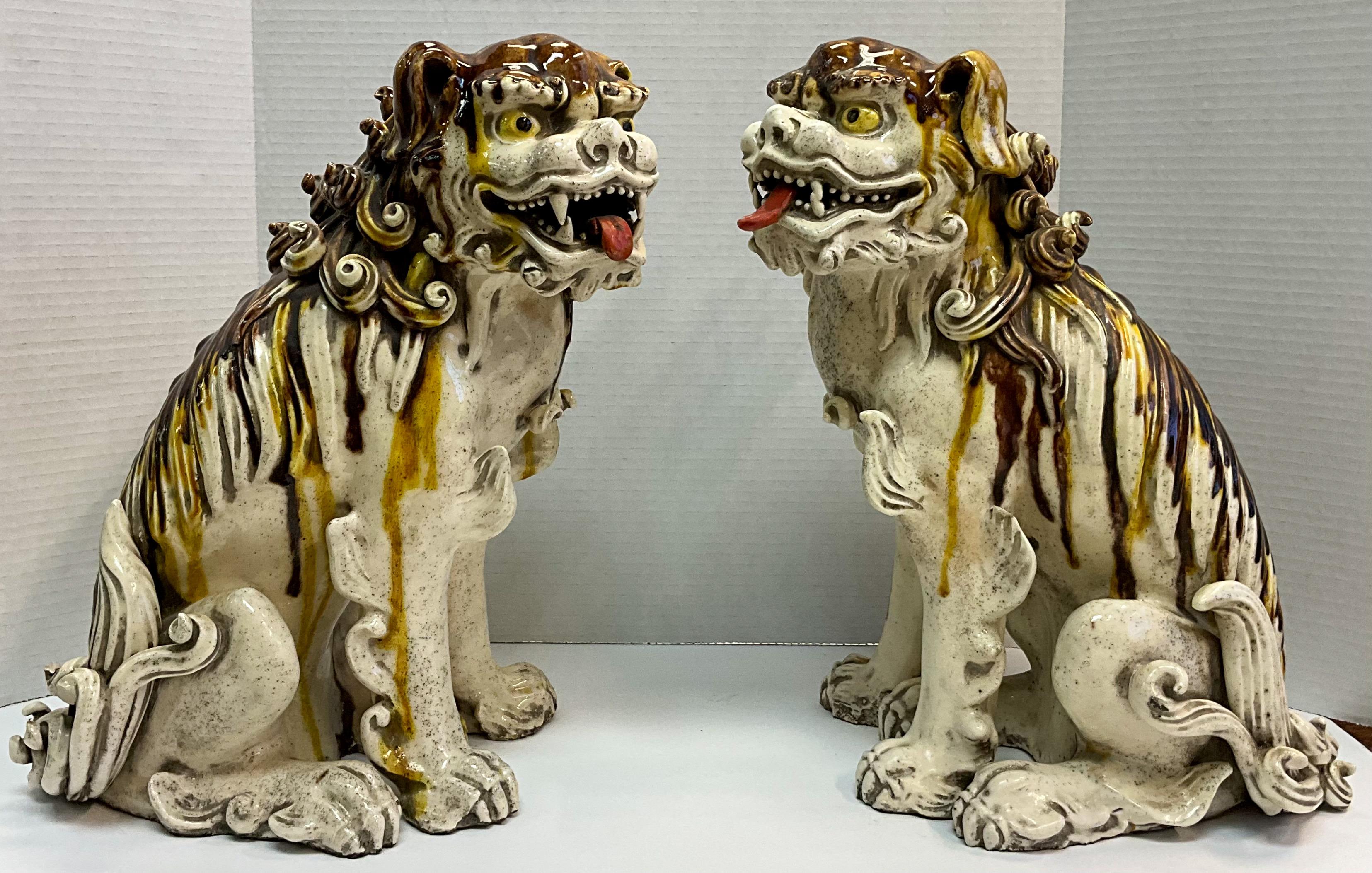 1970s Asian Chinese Export Fierce Facing Drip Glaze Pottery Foo Dogs, Pair For Sale 1