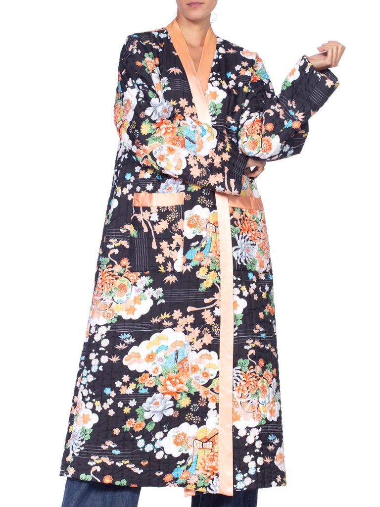 1970's Asian Floral Quilted Kimono Robe Jacket at 1stDibs