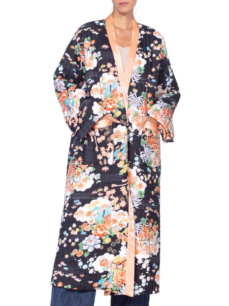 1970's Asian Floral Quilted Kimono Robe Jacket at 1stDibs