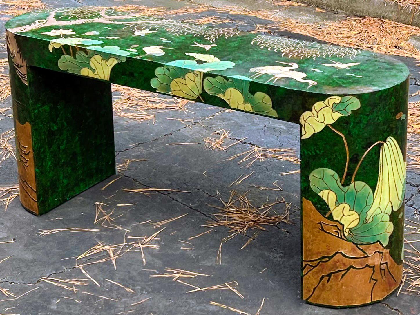 Chinoiserie 1970s Asian Modern Painted Console Table with Lotus Blossoms and Cranes