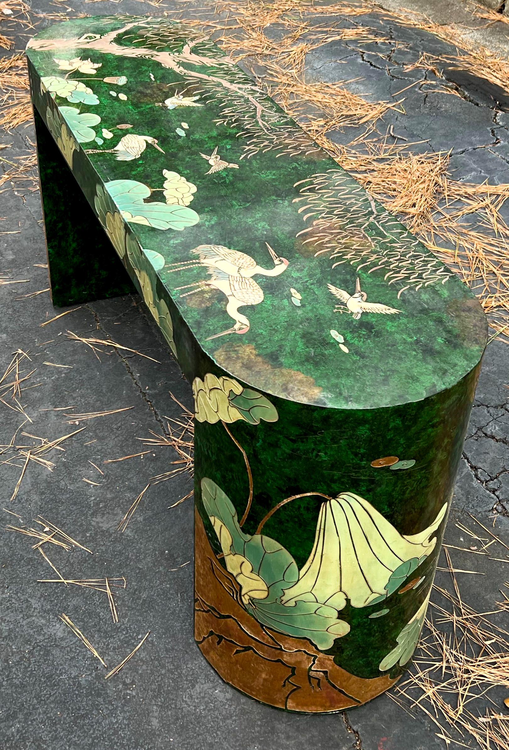 1970s Asian Modern Painted Console Table with Lotus Blossoms and Cranes In Good Condition In Kennesaw, GA