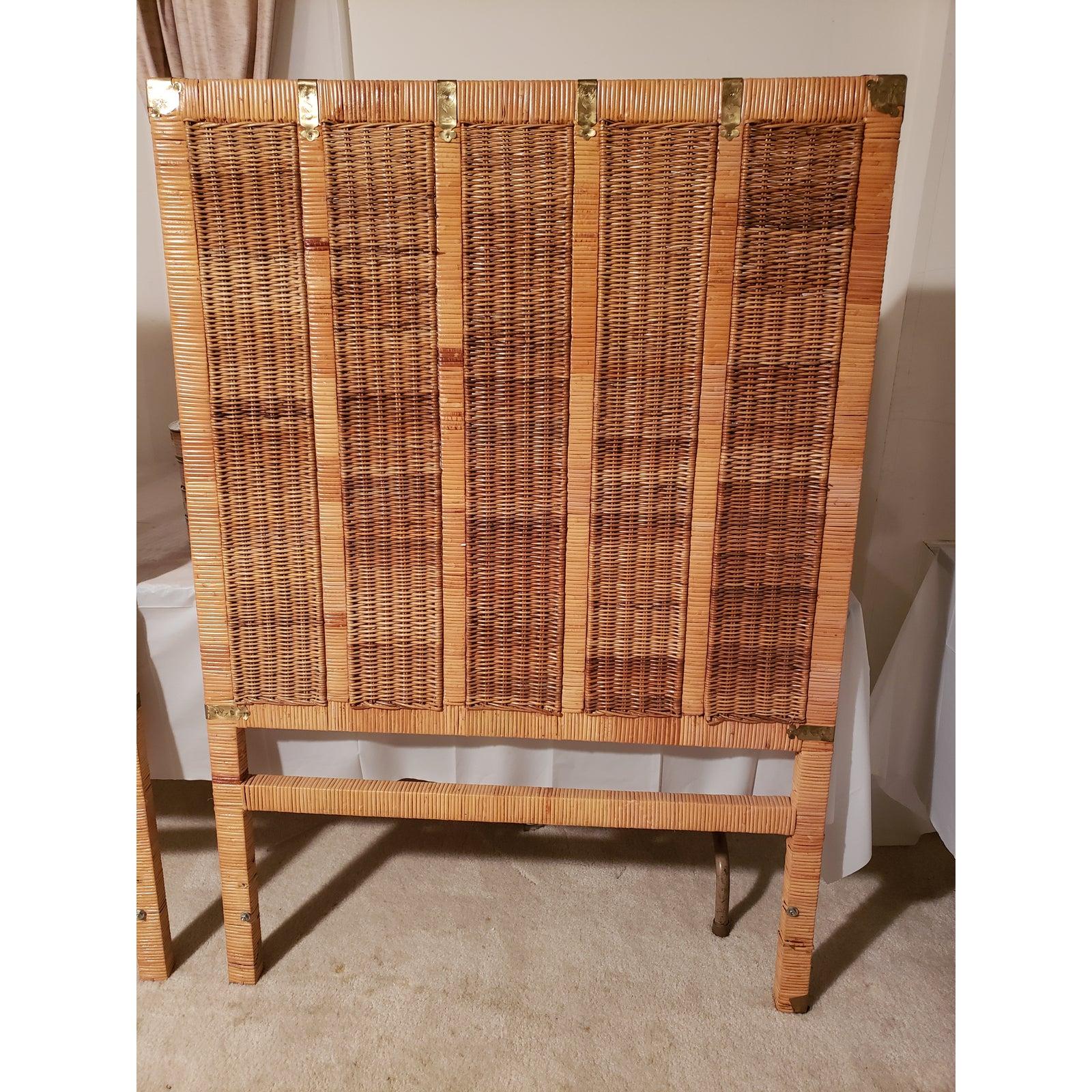 1970s Custom made Rattan wicker twin headboards. Headboards embellished with brass fittings.
Measures 42 inches in width and 58 inches in Height. 
Excellent Vintage condition.