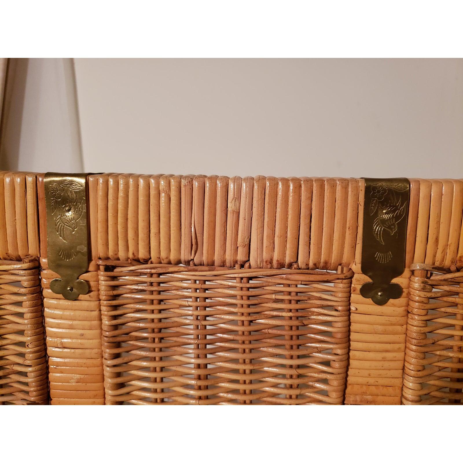 1970s Asian Modern Rattan Wicker Twin Headboards with Brass Fittings, a Pair In Good Condition In Germantown, MD