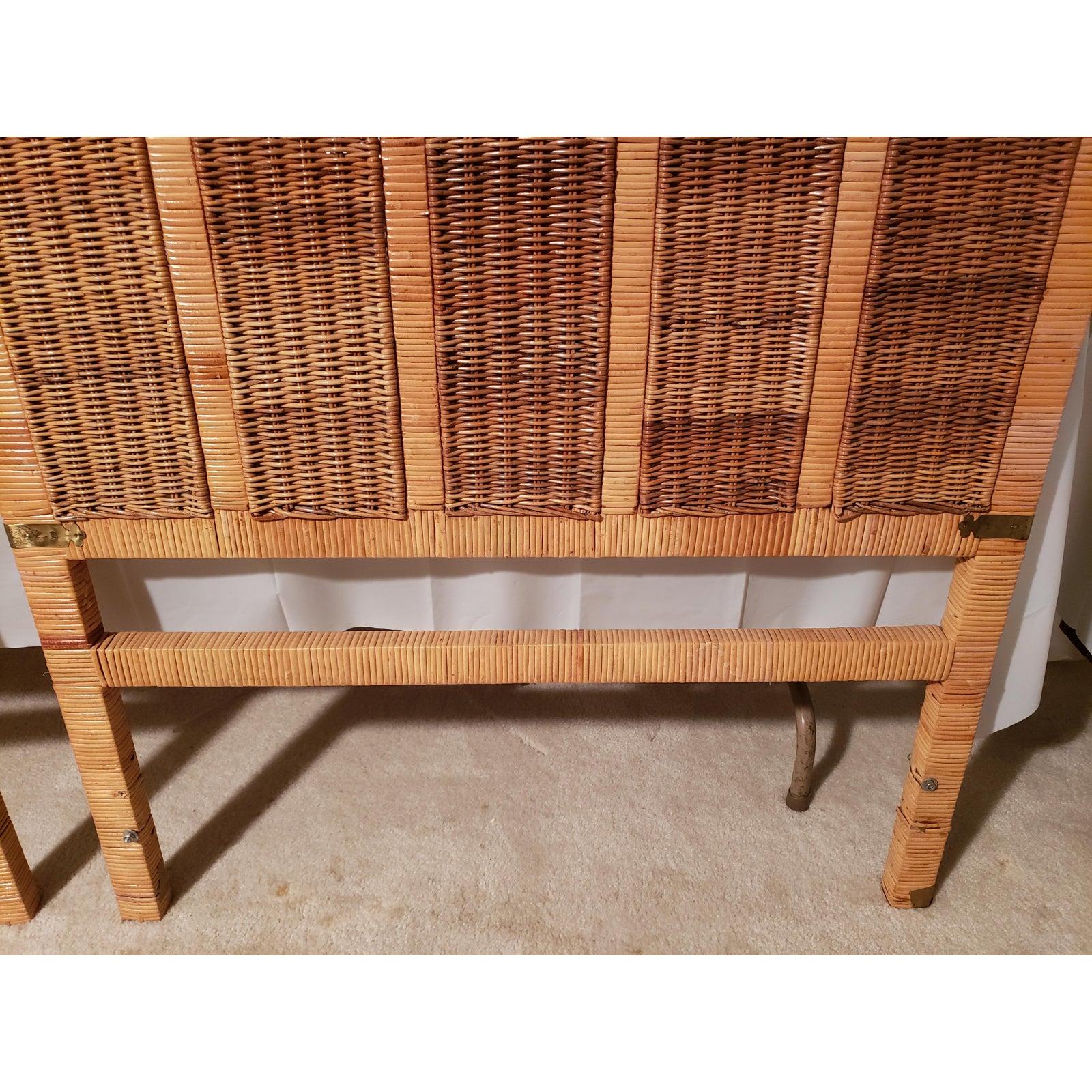 20th Century 1970s Asian Modern Rattan Wicker Twin Headboards with Brass Fittings, a Pair