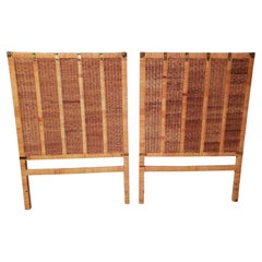 Vintage 1970s Asian Modern Rattan Wicker Twin Headboards with Brass Fittings, a Pair