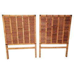 Retro 1970s Asian Modern Rattan Wicker Twin Headboards with Brass Fittings, a Pair