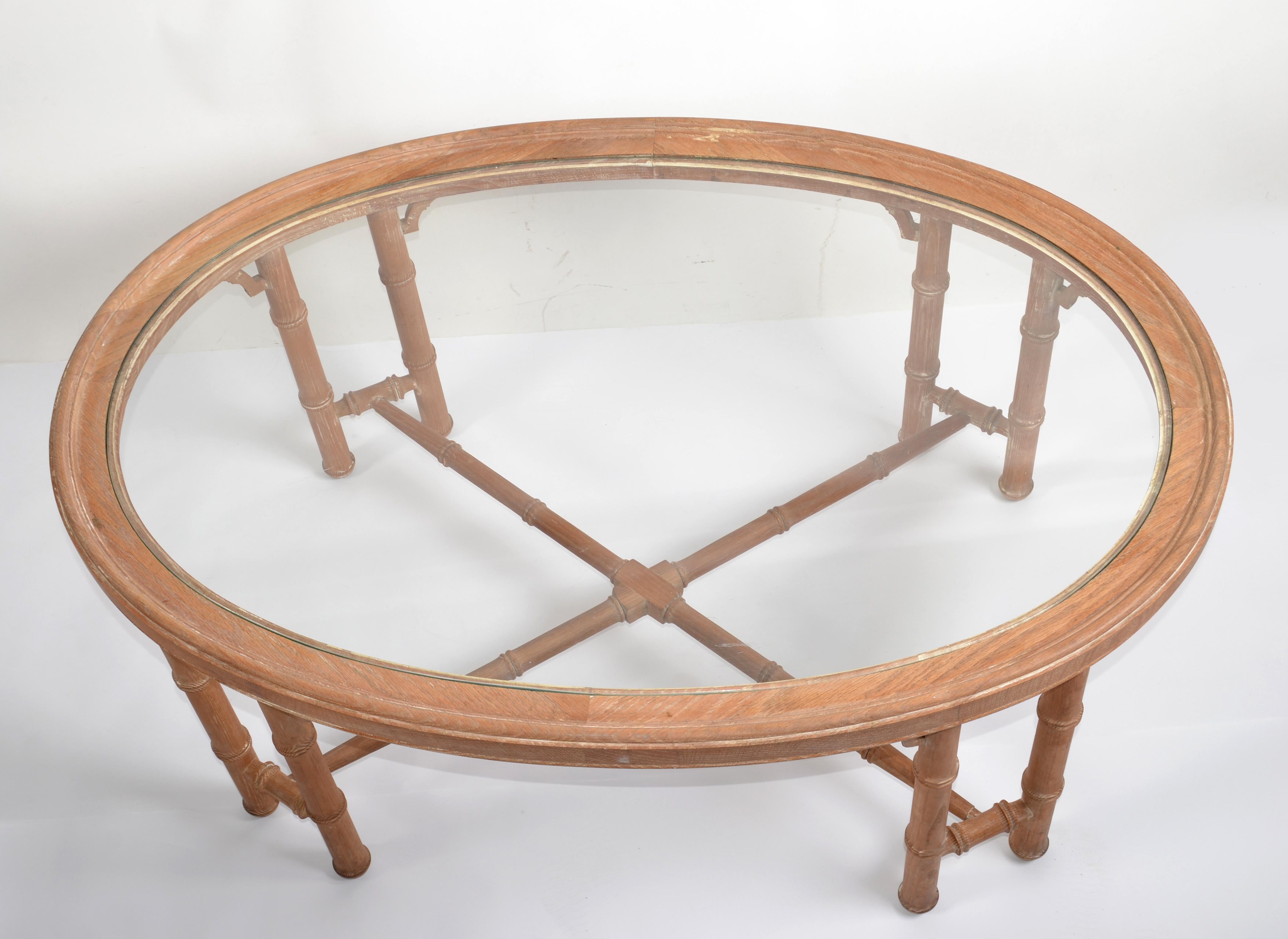 1970s Asian Modern White Bleached Oak Coffee Table Oval Glass Top Chinoiserie  For Sale 5
