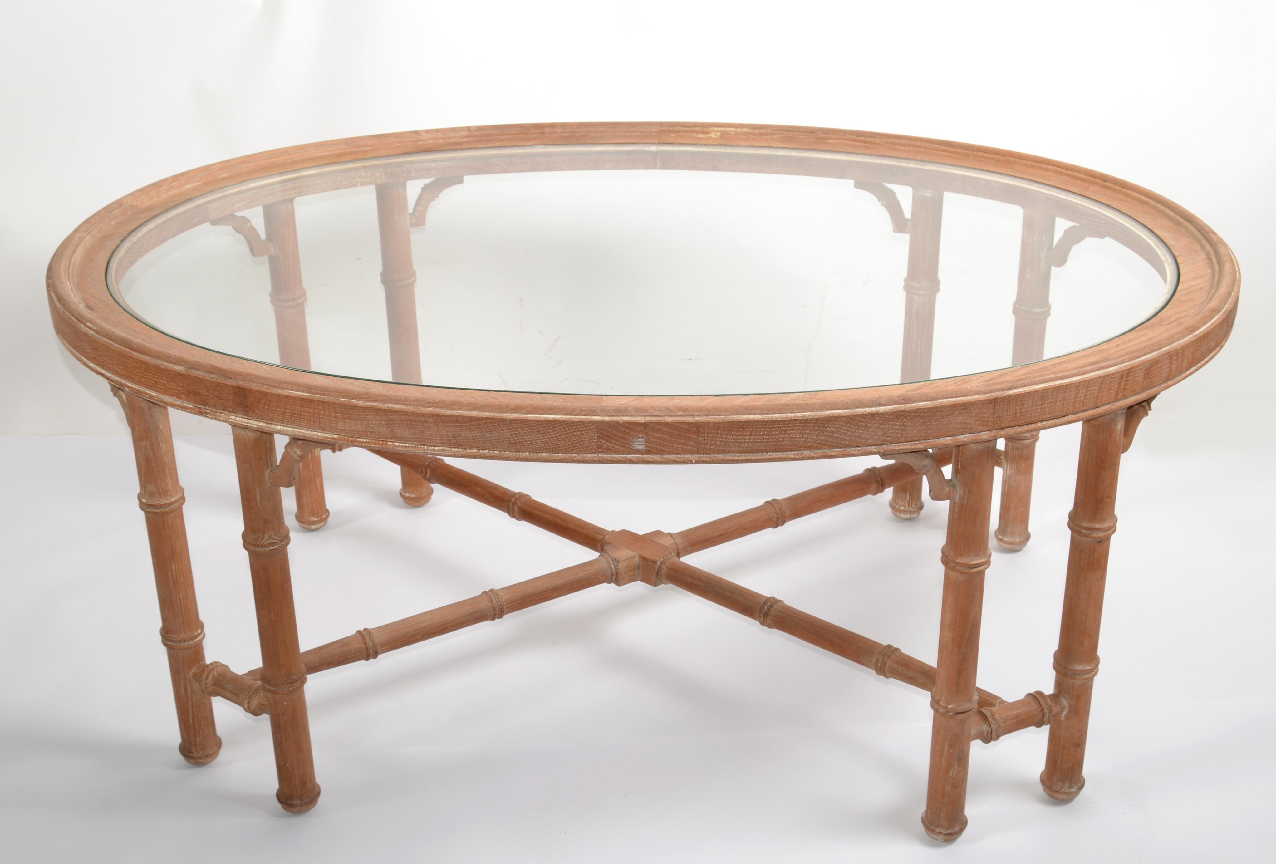 1970s Asian Modern White Bleached Oak Coffee Table Oval Glass Top Chinoiserie  For Sale 8