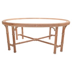 1970s Asian Modern White Bleached Oak Coffee Table Oval Glass Top Chinoiserie