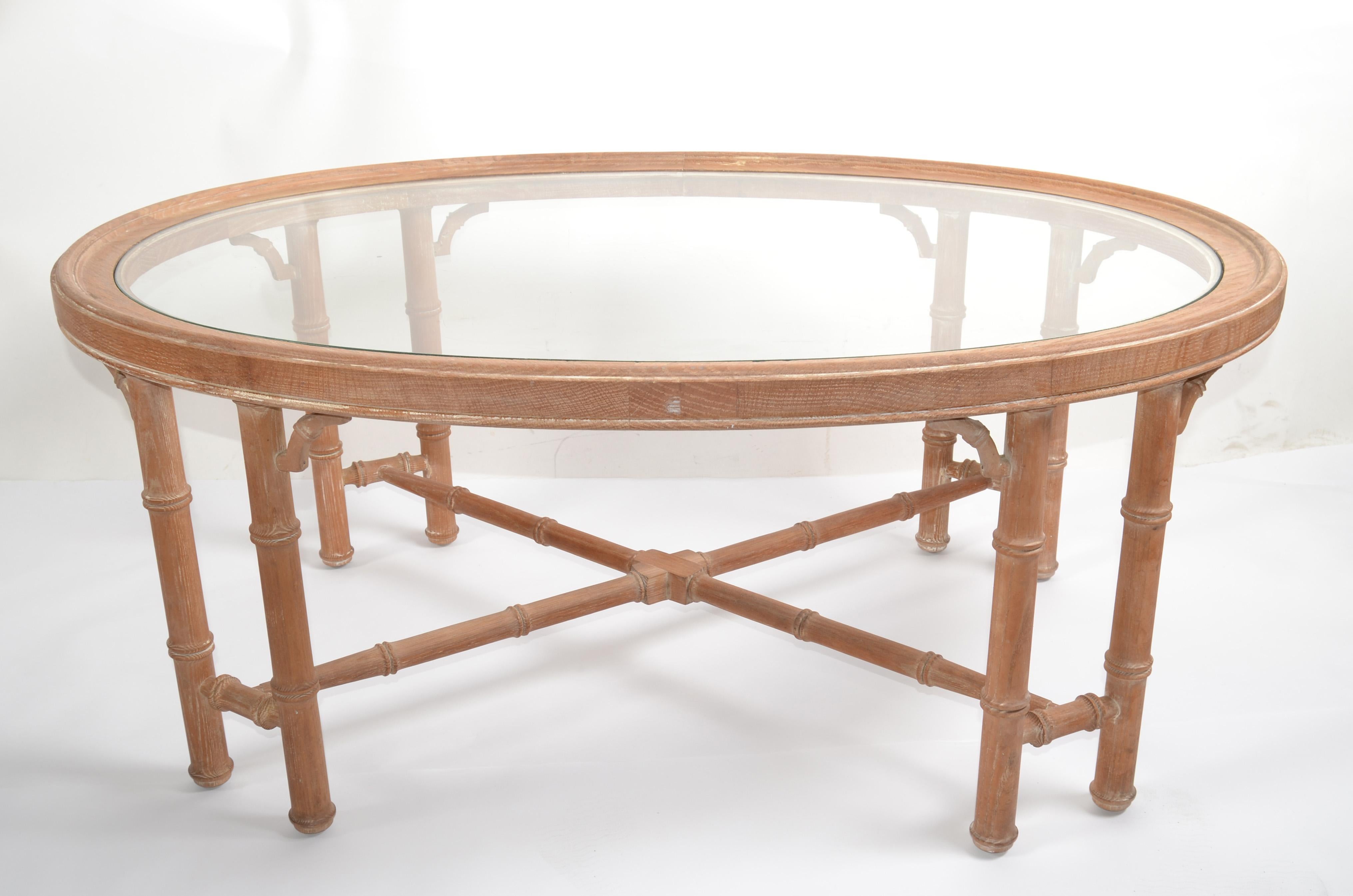 American 1970s Asian Modern White Bleached Oak Coffee Table Oval Glass Top Chinoiserie  For Sale