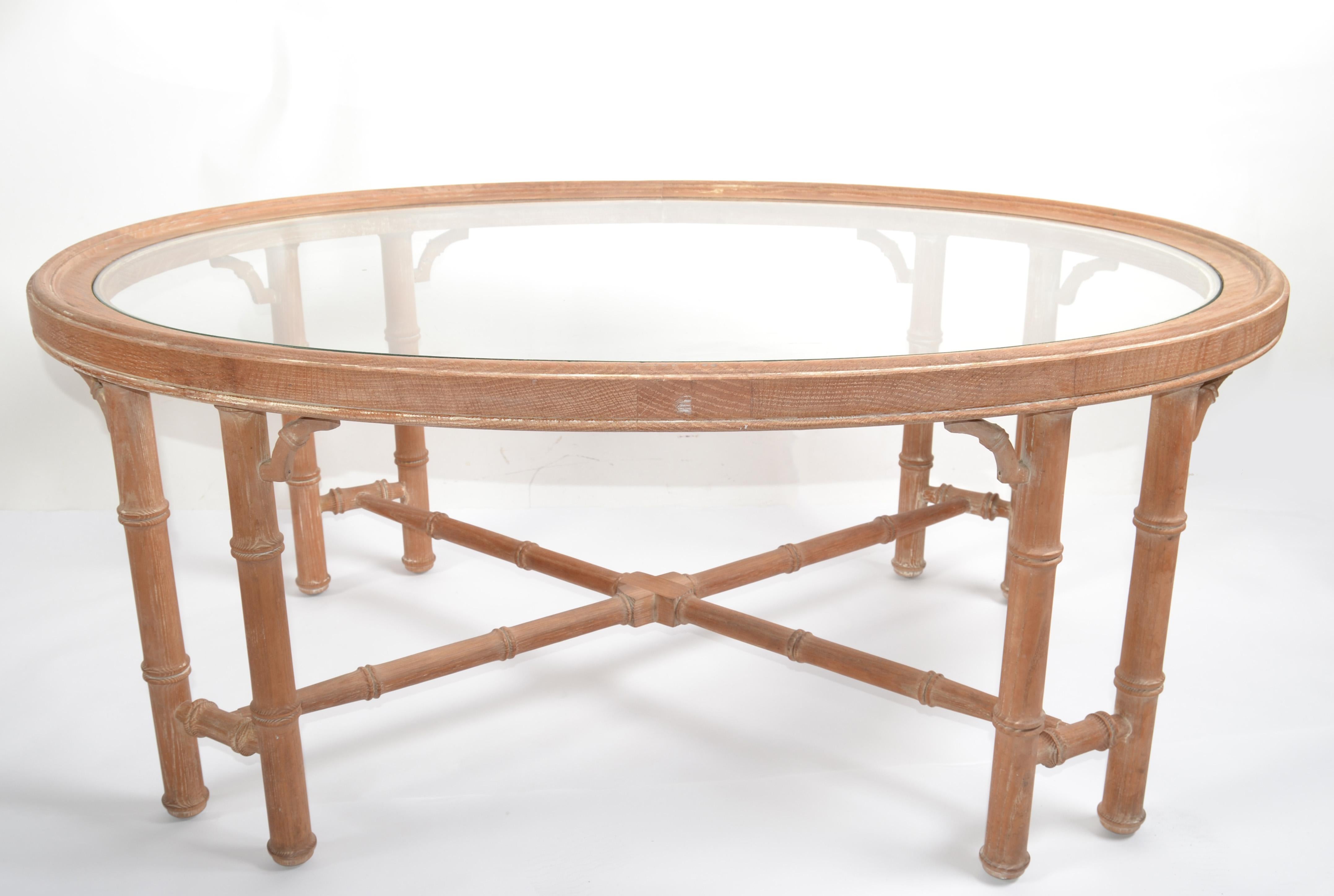 20th Century 1970s Asian Modern White Bleached Oak Coffee Table Oval Glass Top Chinoiserie  For Sale