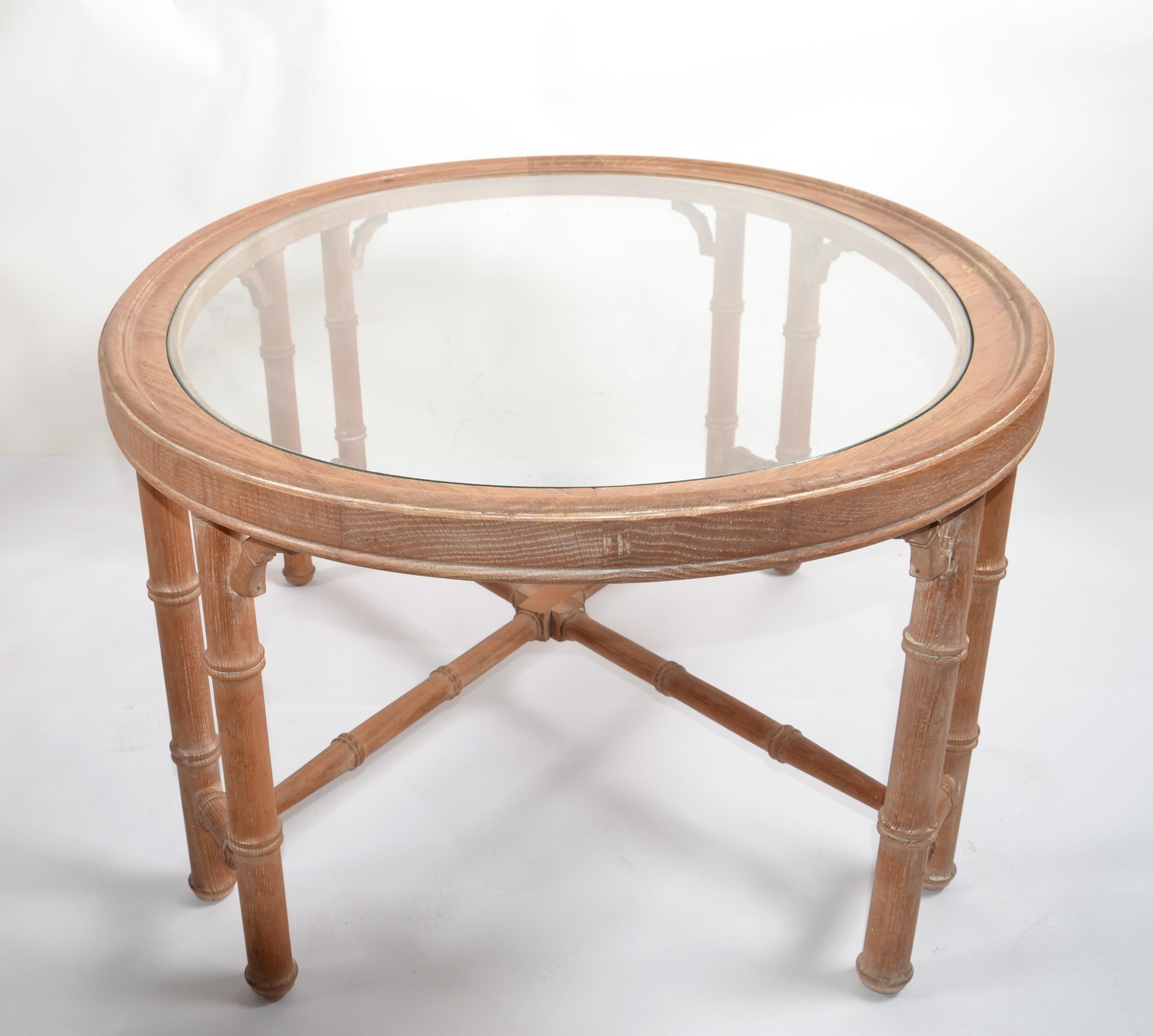 1970s Asian Modern White Bleached Oak Coffee Table Oval Glass Top Chinoiserie  For Sale 1