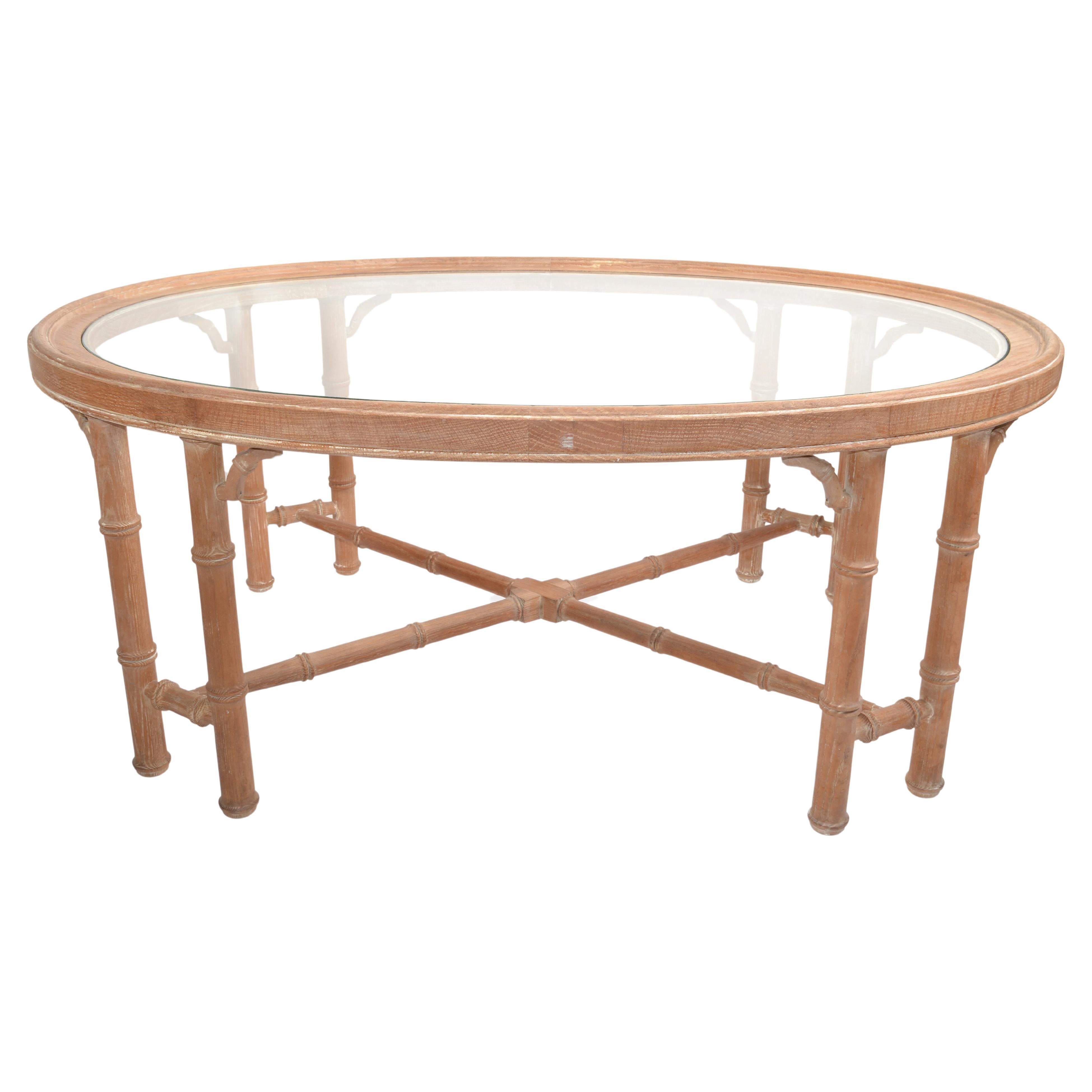 1970s Asian Modern White Bleached Oak Coffee Table Oval Glass Top Chinoiserie  For Sale