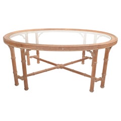 1970s Asian Modern White Bleached Oak Coffee Table Oval Glass Top Chinoiserie 