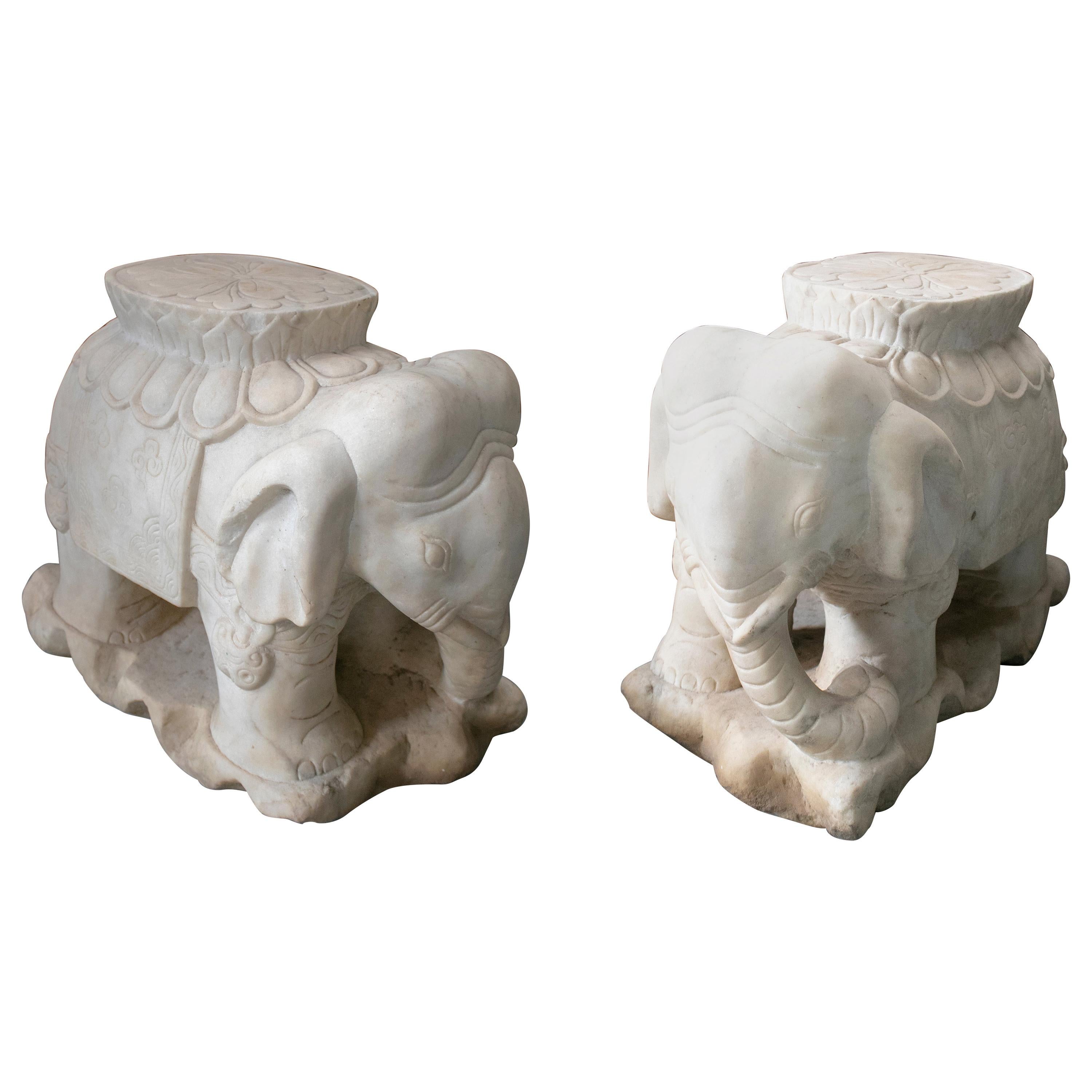 1970s Asian Pair of White Marble Elephants from India