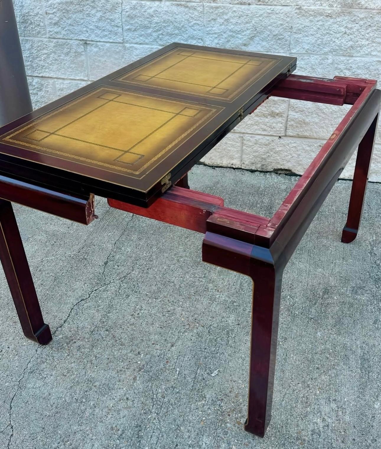 1970er Jahre Asiatischer Palisander Mahagoni Lederplatte Erweiterbarer Spieltisch im Angebot 1